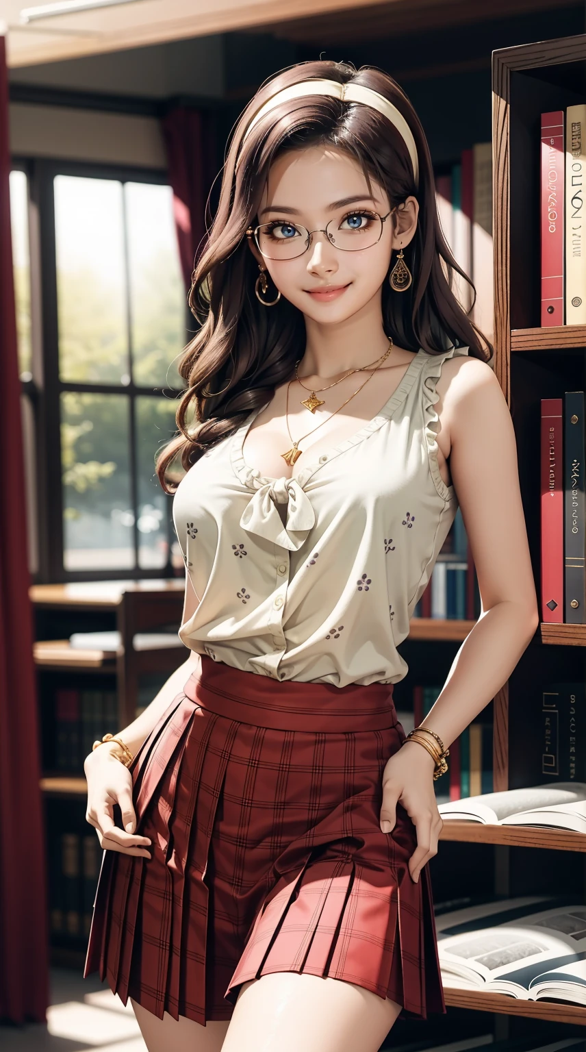 (masterpiece, best quality), 1 girl, curvaceous perfect body, nice breasts, wavy hair, hairband, glasses, printed blouse, pleated skirt, bracelet, necklace, library, natural lighting, standing pose, contrapposto, morning