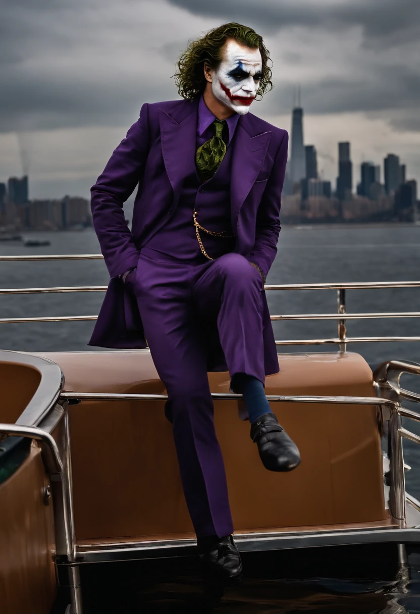 A photo of the Joker standing on top of a luxury Gotham City yacht, enjoying the chaos and panic of wealthy socialites,The Dark Knight,Heath Ledger’s portrayal of the Joker in “The Dark Knight” is marked by his disheveled, greasy hair, smudged clown makeup, and a chilling, scarred smile that gives him a menacing and unpredictable appearance. His attire, a mismatched suit with a ragged purple coat, adds to his chaotic and anarchistic persona., male