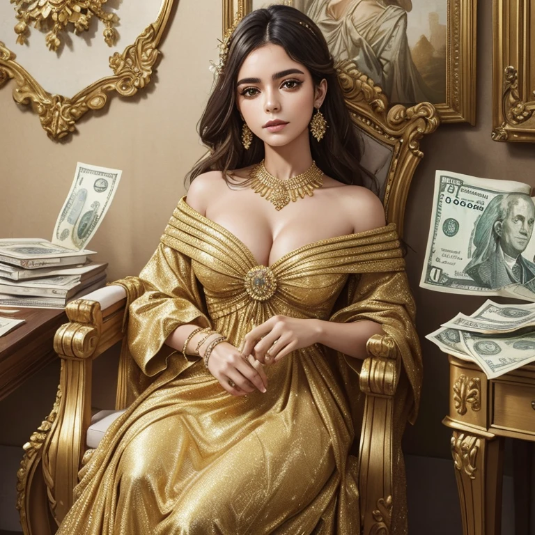 A detailed painting surrounded by a flurry of dollar bills, mulher chique,  vestido dourado comprido,  cara de safada. Moedas de ouro flutuando.