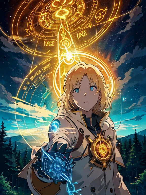 golden hour, anime, fantasy, knocking to the heavens door, sky, realistic, light particles, clouds, magic circle, glyph, magic runes, outdoors, on the background a forest of electric trees, glowing with circuit-patterned leaves