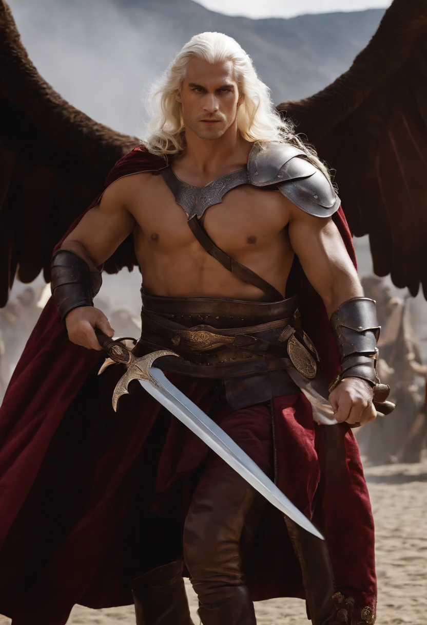 Aemond Targaryen engaging in a fierce sparring match with a skilled opponent, Vhagar looming in the background.,Fire and Blood,Physically, Aemond possess the classic Targaryen features, with long platinum silver hair and a piercing purple eye. His intense and penetrating gaze, hints at an intense fire within, and an otherworldly wisdom that belies his youthful appearance. His regal and ethereal bearing is accentuated by his tall stature and muscular but lithe physique. The sharp angles of his face, coupled with a strong jawline, give him a striking and commanding presence.
Prince Aemond Targaryen has very long platinum silver blonde hair, a strong and prominent jawline, straight nose, full lips with defined cupids bow, one violet eye (right), scar from left eyebrow to left cheekbone, missing left eye replaced by blue sapphire. He is tall, lithe, defined muscles, broad shoulders and chest, long torso, small waist, long legs, tight round arse, long thick uncircumcised cock.
Prince Aemond has large and veiny hands with long elegant fingers. He dresses in medieval regal attire, using expensive dark fabrics and has impeccable taste. He wears a leather eyepatch over his left eye., male