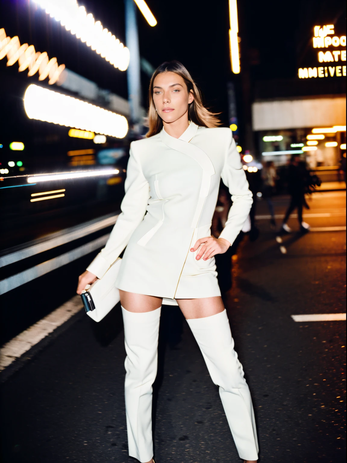 European fashion model through motion, Woman wearing Saint Lauren, busy street, Paparazzi, (full body: 1.3), (luxury advertising photography: 1.2), Flashlight, Shutter drag, Lens flare, (Graflex speed graphic: 1.4), Brushwork exploration, Shot on Kodak Ektachrome