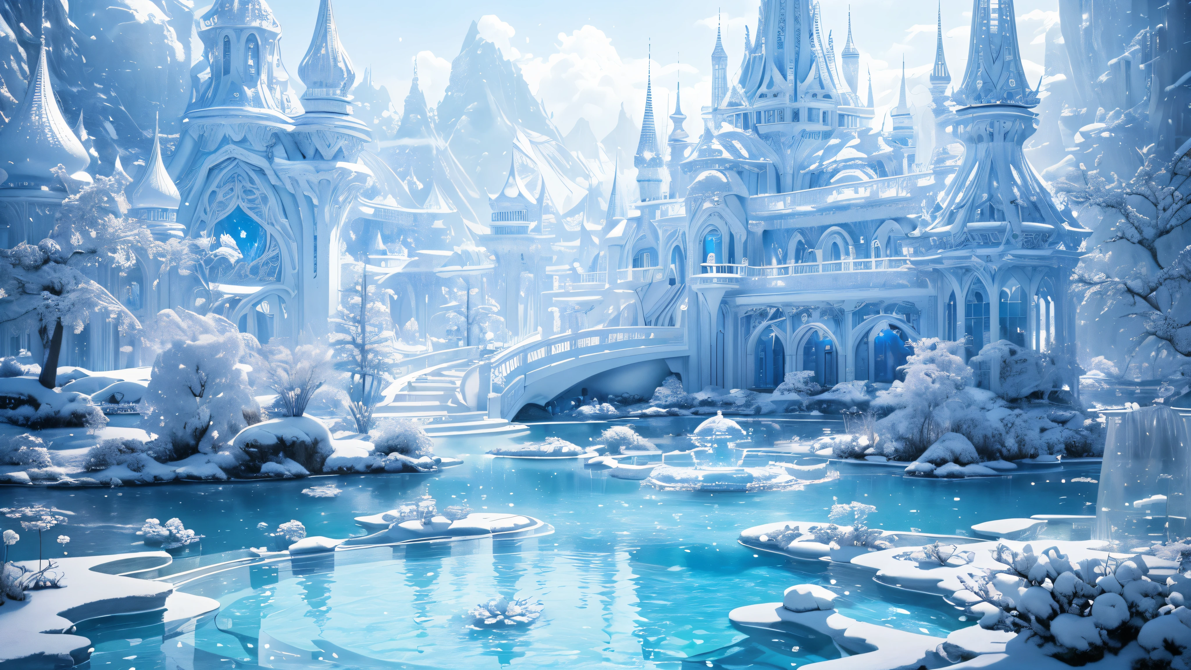 (Best quality at best,4K,8K,A high resolution,tmasterpiece:1.2),(All white world),ultra - detailed,Blue and white tones,Utopian world,Highly detailed and intricate masterpiece,baiyun,featheredwings,Radiant,fountain crystal pure white transparent gothic transparent architecture,floating transparent wonderland