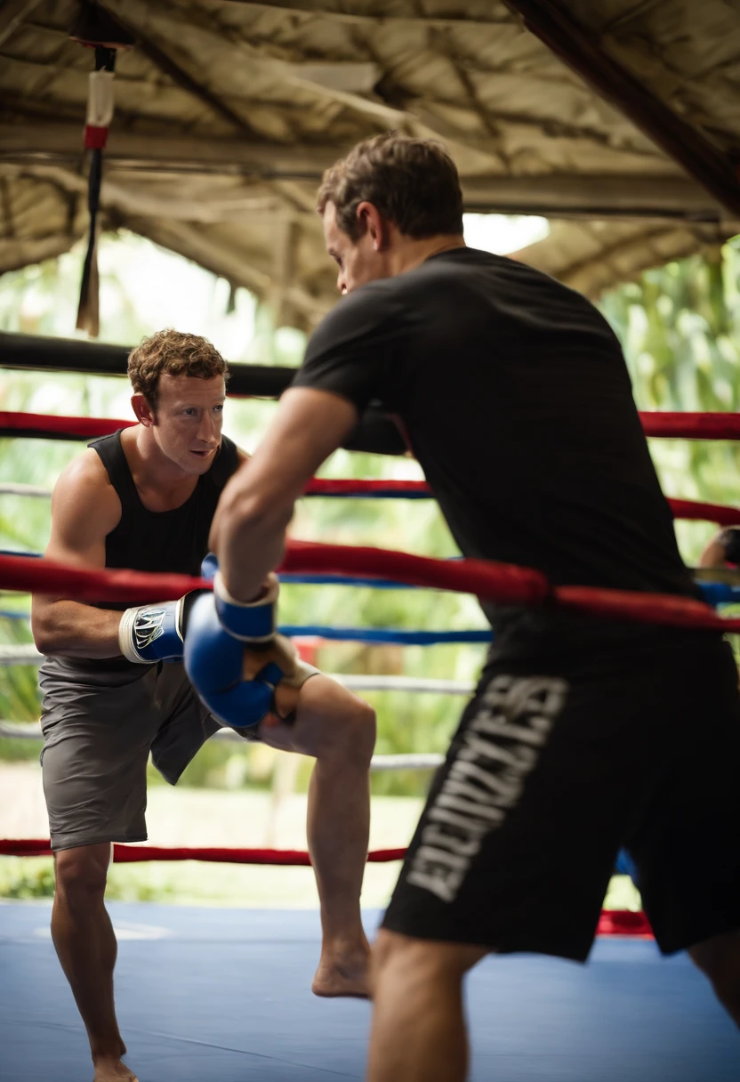 A photo of Mark Zuckerberg at a Muay Thai training camp, wearing traditional Muay Thai shorts and gloves, practicing powerful knee strikes with a skilled instructor.,original,Zuckerberg maintains a notably consistent personal style, famously known for his simple gray t-shirts and hoodies, which reflect his utilitarian approach to life and work. He has a youthful, clean-cut look with short, curly hair and typically wears jeans or casual trousers, projecting an image of approachability that aligns with the casual culture of Silicon Valley., male