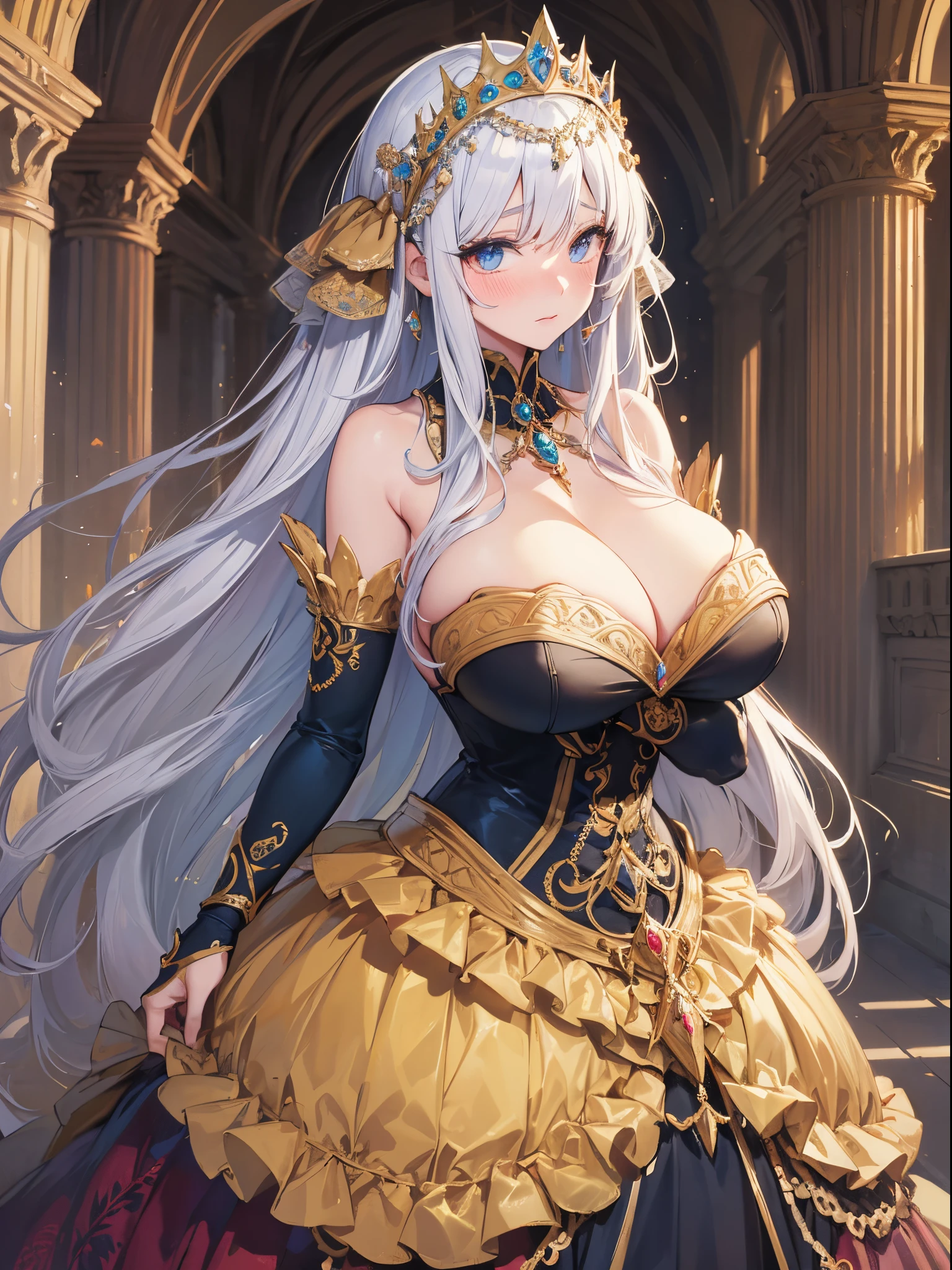 ultra-detailed, extremely detailed,((anime artstyle)),Masterpiece,(Best Quality),(Super Detail),(Very Delicate and Beautiful),cinematic lighting,((Solo)),(((full body))),full body,((detailed face and eyes)),perfect eyes, rendered eyes,jewel-like beautiful eyes,cry,((embarrassed,blush)),((1 princess in beautiful embroidery and jeweled gorgeous rococo ballgown with frilled voluminous full length hoop skirt)),((Crinoline)),beautiful embroidery and jeweled gorgeous rococo ballgown with frilled voluminous full length hoop skirt,(large amount of straight hair,extremely voluminous Very Long straight Hair,Absolutely Long Straight Hair),sparkly skin,(((very gigantic boobs))),skindentation,Bursting breasts,cleavage,((fantasy castle,outdoors,outside the castle)),long_gloves,extremely gorgeousfull jeweled hair ornament,(bling-bling extremely gorgeousfull jeweled tiara),(luxurious jewelry),full body,beautiful embroidery and jeweled gorgeous rococo ballgown with frilled voluminous full length hoop skirt