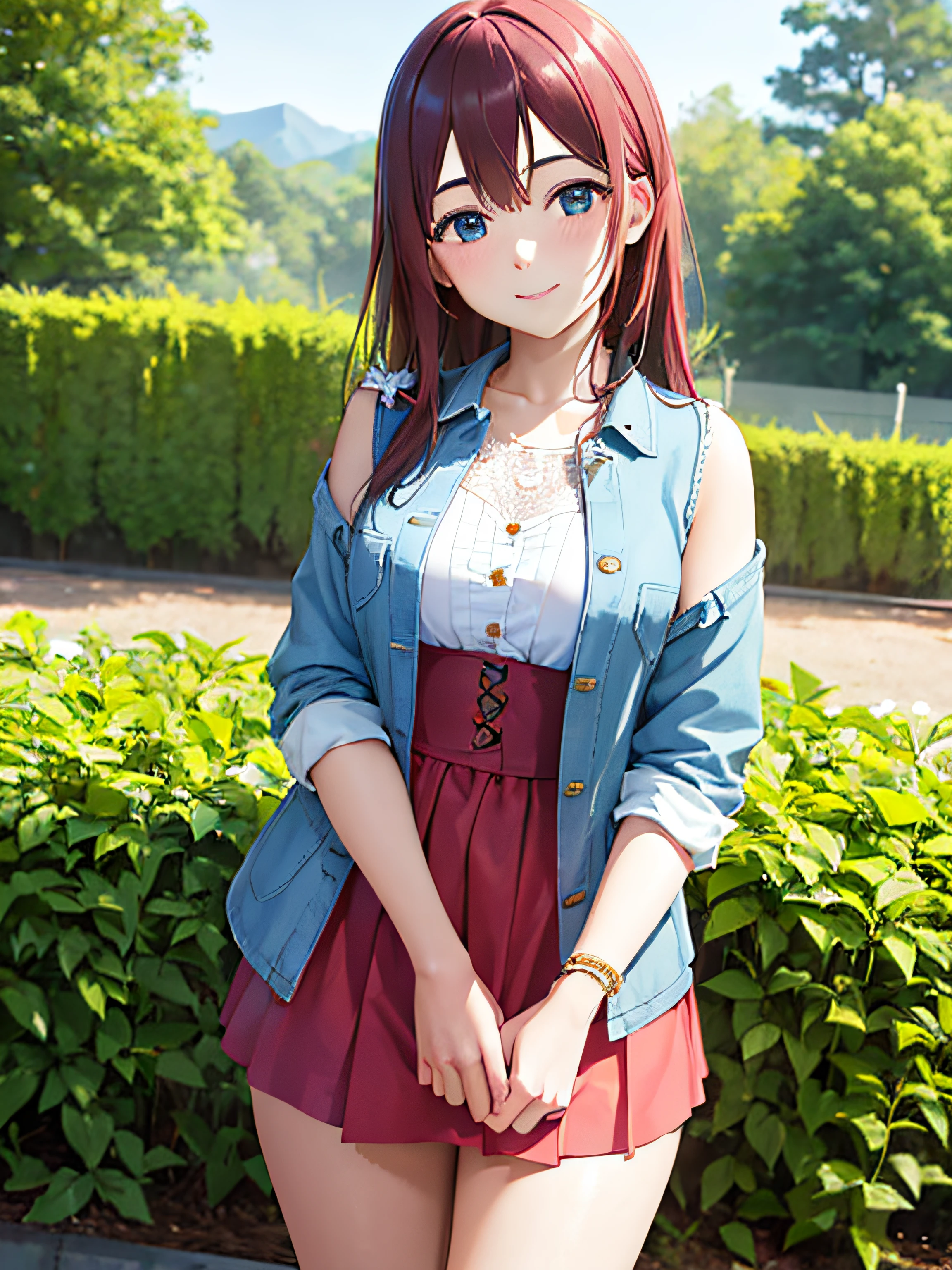 (highres,masterpiece:1.2),realistic, detailed portrait of 1 girl in a garden, her vibrant eyes beautifully outlined, rosy cheeks, and stunning smile. The girl has long, flowing hair cascading down her shoulders. She is wearing a trendy half shirt, paired with a stylish denim jacket. Her bottom half showcases fashionable half pants, completing her edgy yet chic look. The garden surrounding her is lush with colorful flowers, providing a vibrant backdrop. The lighting accentuates the girl's radiant features, giving the portrait a warm and inviting atmosphere.