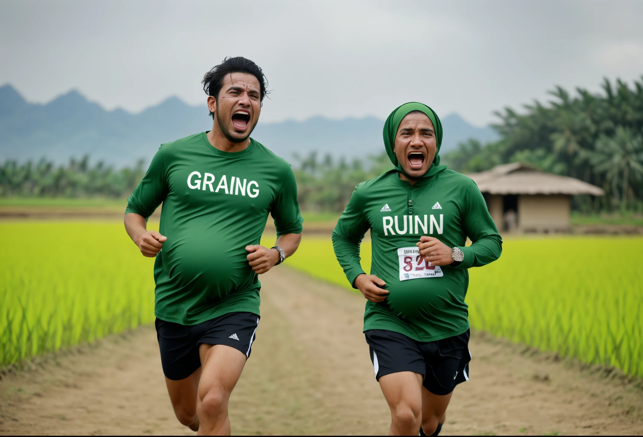The photo is very detailed and real, a well-built man wearing a green shirt with the name SURYADI written on it, is being chased by several pregnant women wearing Muslim clothes and hijabs, the man is running scared while crying. The man ran in the rice fields because he was being chased by several pregnant women