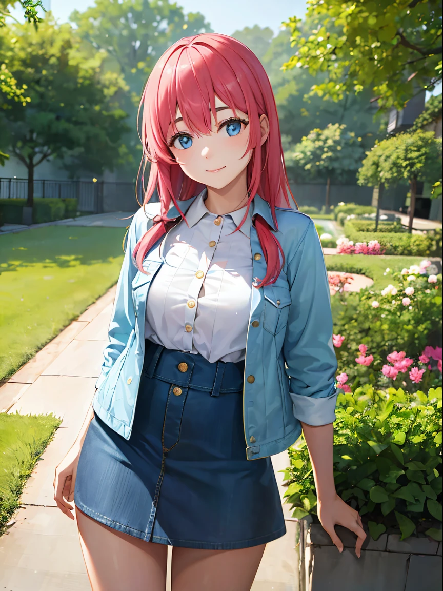 (highres,masterpiece:1.2),realistic, detailed portrait of 1 girl in a garden, her vibrant eyes beautifully outlined, rosy cheeks, and stunning smile. The girl has long, flowing hair cascading down her shoulders. She is wearing a trendy half shirt, paired with a stylish denim jacket. Her bottom half showcases fashionable half pants, completing her edgy yet chic look. The garden surrounding her is lush with colorful flowers, providing a vibrant backdrop. The lighting accentuates the girl's radiant features, giving the portrait a warm and inviting atmosphere.