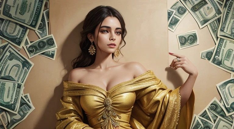 A detailed painting surrounded by a flurry of dollar bills, mulher chique, vestido dourado comprido, cara de safada. Moedas de ouro flutuando.