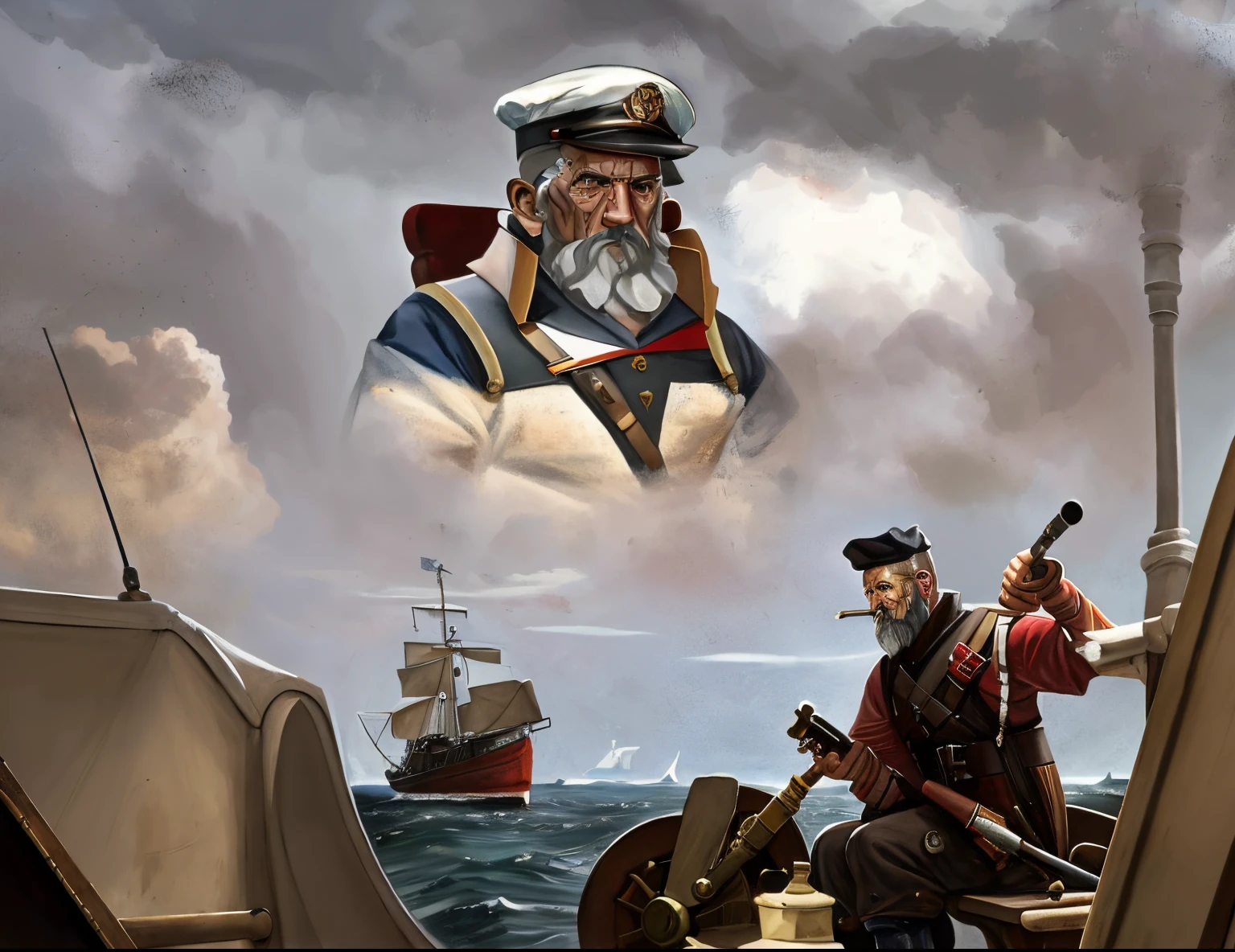 (((old drunken sailor))), , (((full body portrait))), ((detailed face)), (rowing away from the submarine), (in stormy sea), (smoking), ((exploded german submarine in background)), (((aquarelle))), masterpiece, high res, dramatic lighting