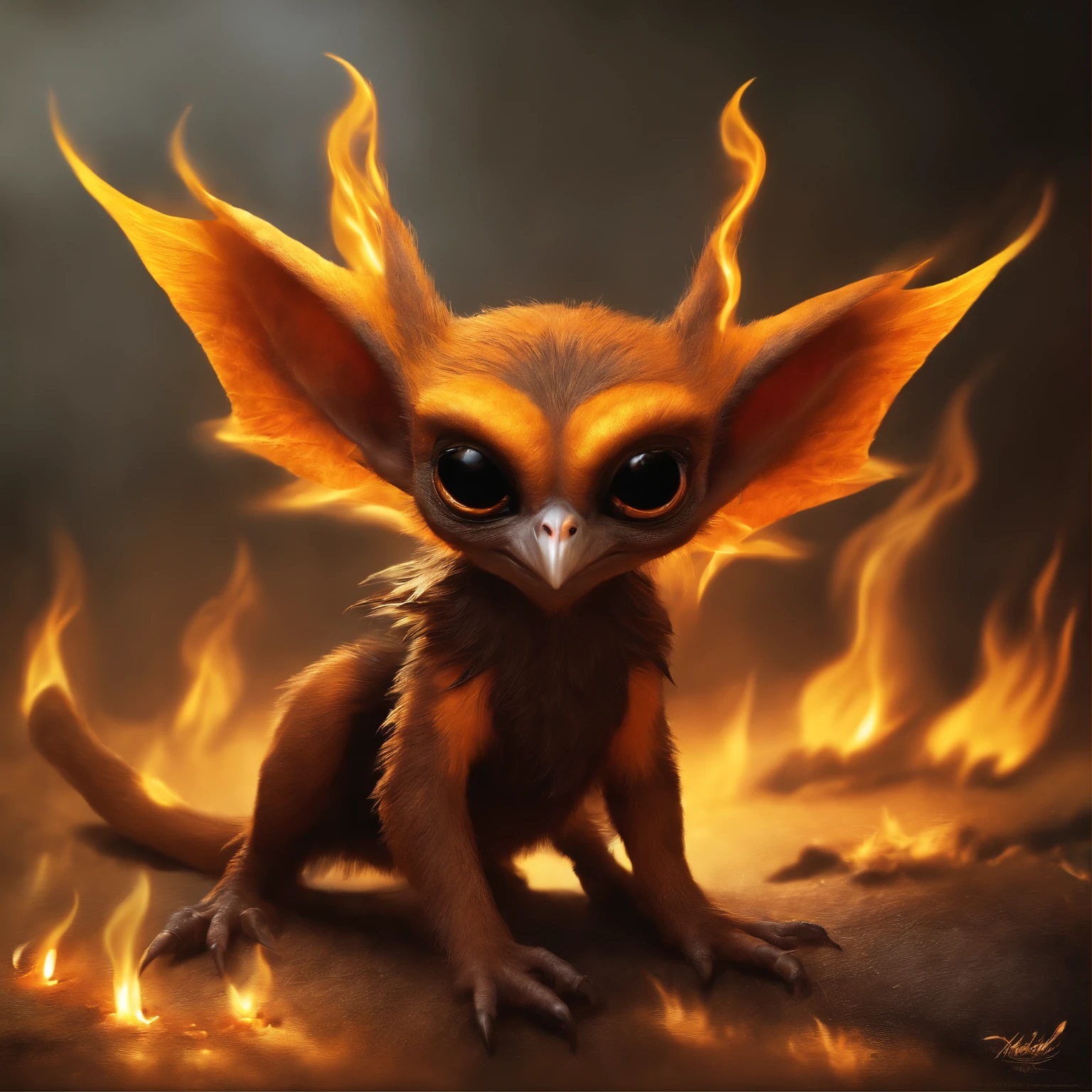 gremlin, like a swift,  Huge eyes, large ears, beak, bright orange and brown, long tail, engulfed in yellow flames, flame clothing, Best Quality, Masterpiece, in style of dark fantasy art
