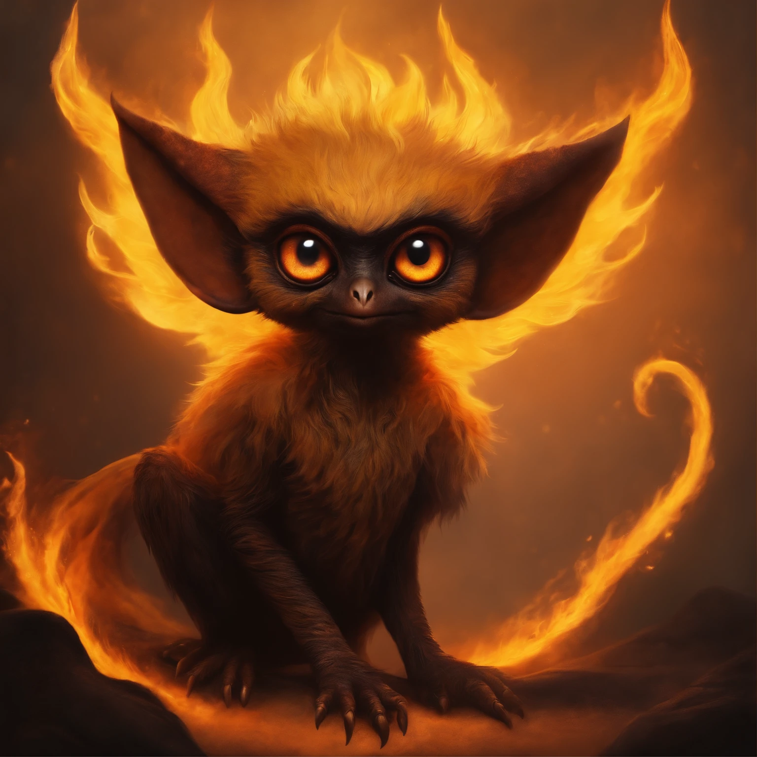 gremlin, like a swift,  Huge eyes, large ears, beak, bright orange and brown, long tail, engulfed in yellow flames, flame clothing, Best Quality, Masterpiece, in style of dark fantasy art