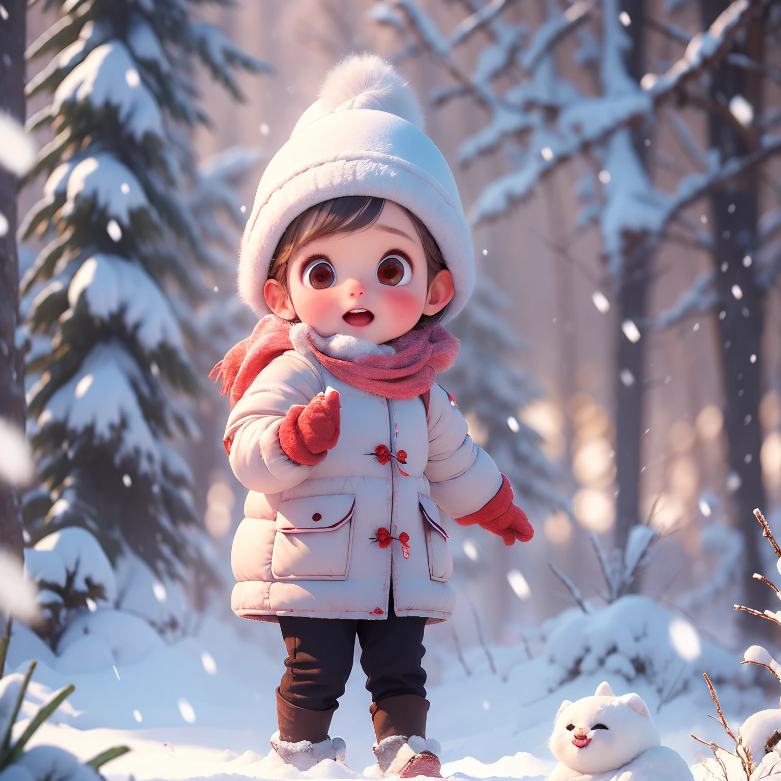 a cute and adorable 3 year old girl  standing on roadside in winter, snow falling