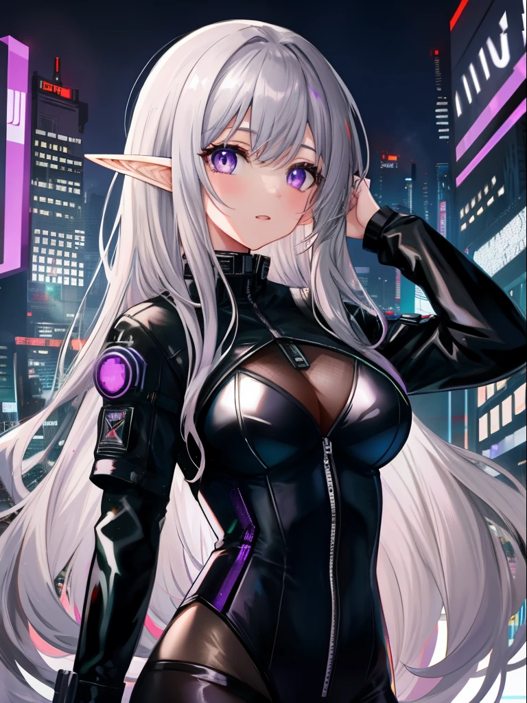 Masterpiece, Best Quality, 1Girl, Cyberpunk City, black bodysuit, Gray hair, Long-haired, purple eyes, Flushing, corners of mouth raised, half elf