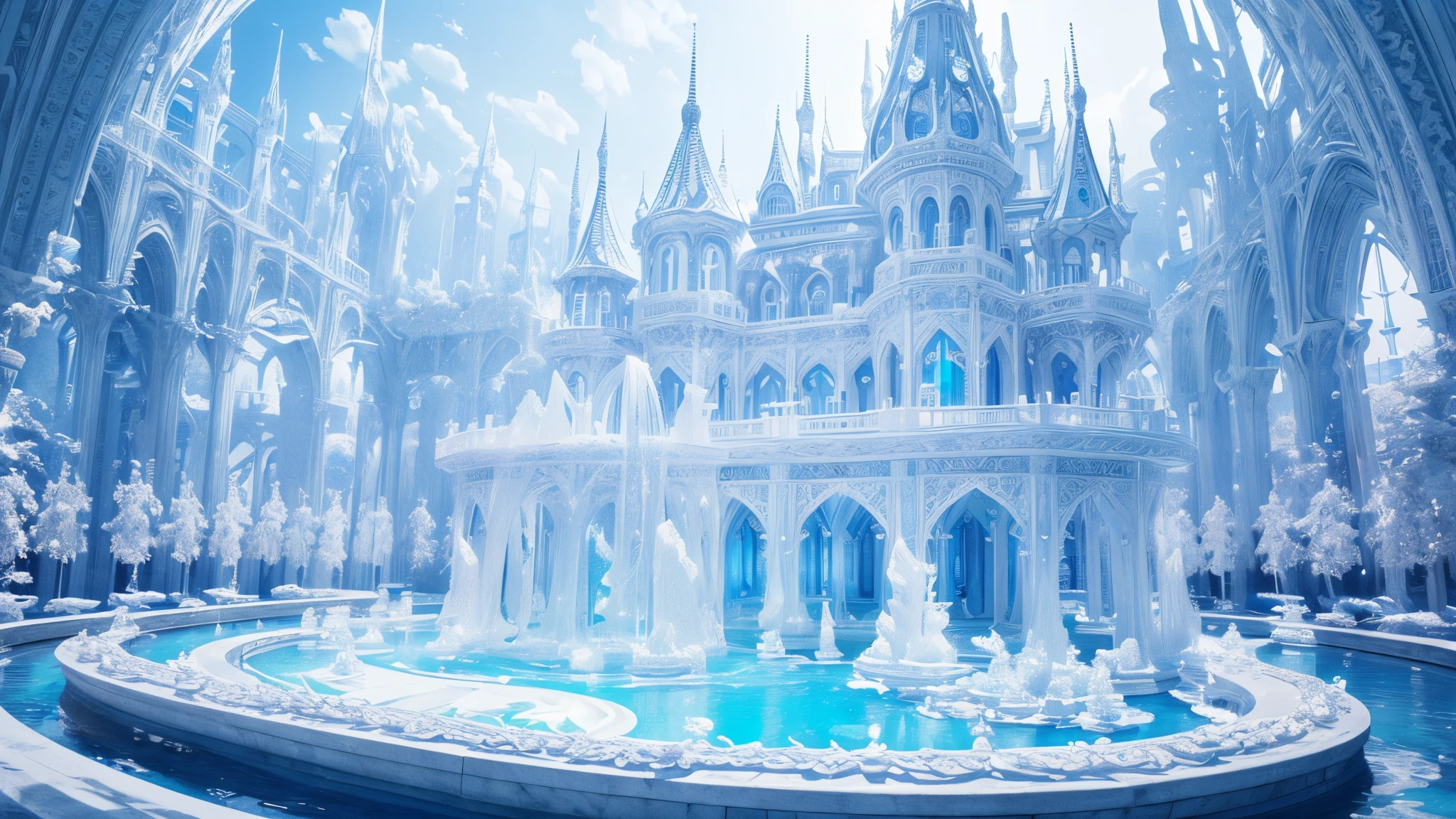 (Best quality at best,4K,8K,A high resolution,tmasterpiece:1.2),(All white world)，ultra - detailed,Blue and white tones,Utopian world,Highly detailed and intricate masterpiece，baiyun，featheredwings，radiant，fountain crystal pure white transparent gothic transparent architecture，floating transparent wonderland
