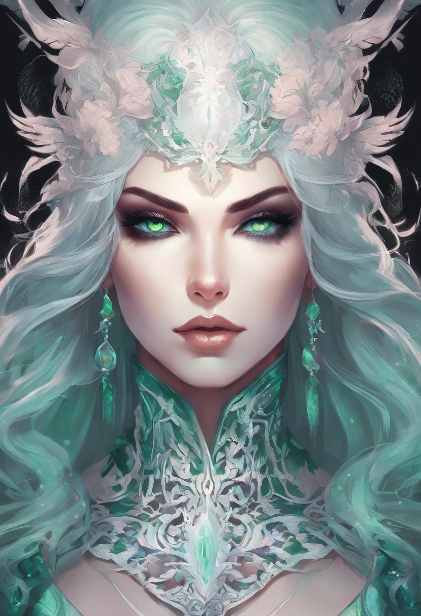 a close up of a woman in a costume with white hair and ((green glowing eyes)), lois van baarle and rossdraws, artgerm and lois van baarle, artgerm and rossdraws, rossdraws cartoon vibrant, beautiful succubus, ross tran style, rossdraws 2. 5, inspired by Ross Tran, halloween art style, extremely detailed artgerm