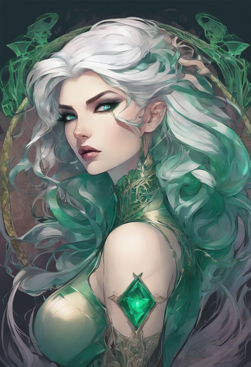 a close up of a woman in a costume with white hair and ((green glowing eyes)), lois van baarle and rossdraws, artgerm and lois van baarle, artgerm and rossdraws, rossdraws cartoon vibrant, beautiful succubus, ross tran style, rossdraws 2. 5, inspired by Ross Tran, halloween art style, extremely detailed artgerm