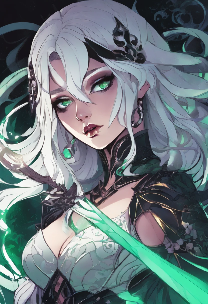a close up of a woman in a costume with white hair and ((green glowing eyes)), lois van baarle and rossdraws, artgerm and lois van baarle, artgerm and rossdraws, rossdraws cartoon vibrant, beautiful succubus, ross tran style, rossdraws 2. 5, inspired by Ross Tran, halloween art style, extremely detailed artgerm