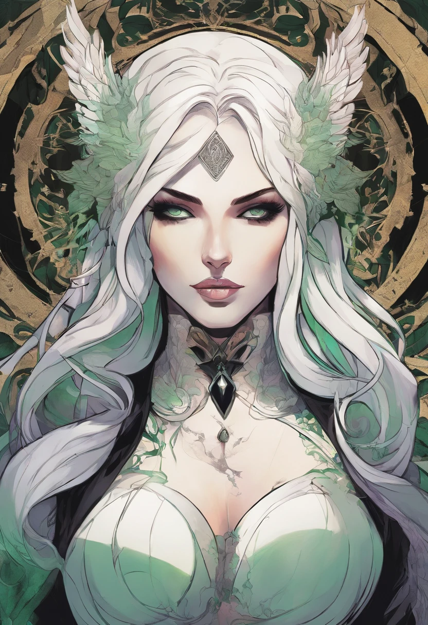a close up of a woman in a costume with white hair and ((green glowing eyes)), lois van baarle and rossdraws, artgerm and lois van baarle, artgerm and rossdraws, rossdraws cartoon vibrant, beautiful succubus, ross tran style, rossdraws 2. 5, inspired by Ross Tran, halloween art style, extremely detailed artgerm