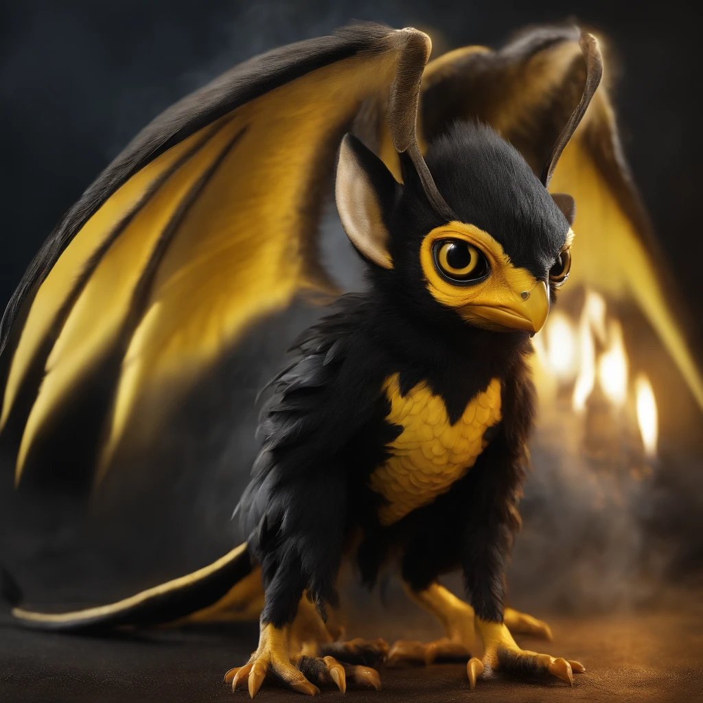 gremlin, like a swift, Huge eyes, large ears, wings, beak, black and white wing color, long tail, engulfed in yellow flames, flame clothes, Best Quality, Masterpiece, in style of dark fantasy art