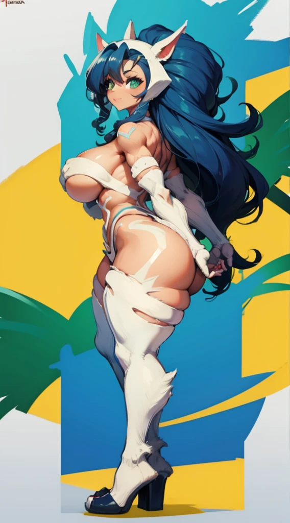 best quality, mulher madura, massive , Bunda e, very curvy, pele castanha escura, sorriso sedutor, muito longo comprimento cacheado cabelo bonito azul em rabo de cavalo, olhos verdes, uniforme de stripper safado, full lips, sedutor, exposto