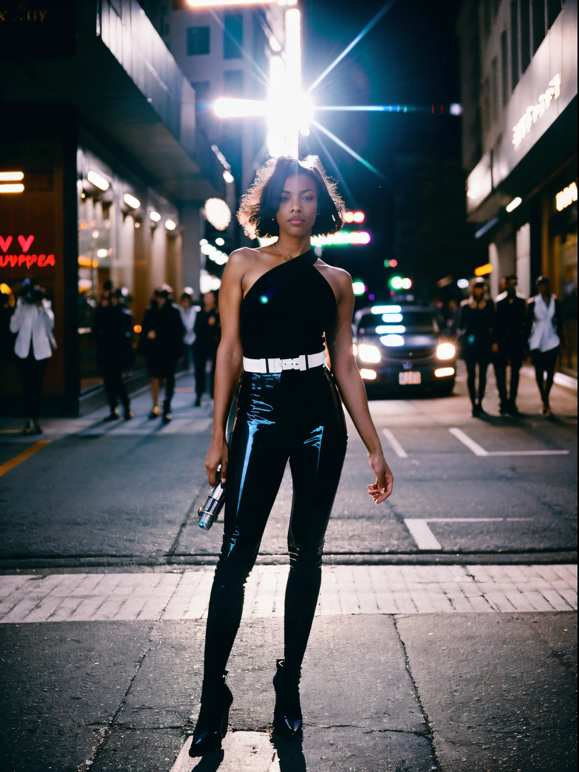 Black fashion model through motion, Woman wearing Saint Lauren, busy street, (Fashion model), Paparazzi, (full body: 1.3), (luxury advertising photography: 1.2), Flashlight, Shutter drag, Lens flare, (Graflex speed graphic: 1.4), Brushwork exploration, Shot on Kodak Ektachrome