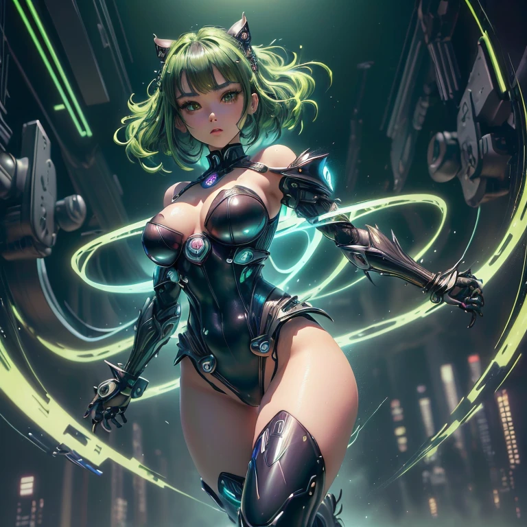 1girl, solo, Foto de Corpo inteiro, Japanese kimono open, saia branca apertada, Cyber girl, cybernatic, half of the android body, (solo)(Ela tem grandes olhos verdes esmeraldas brilhantes)(black knee-high boots) (((cabelos lisos verdes))(cabelos longos)((Seios muito enormes)) (Corpo fino perfeito), ((Posando sexy)) (master part, High definition, Volumetric lights and dynamic shadows)((master part))(8k)(rosto perfeito)(ultra detalhes) (perfect hands, olho, e rosto)(cidade futurista)