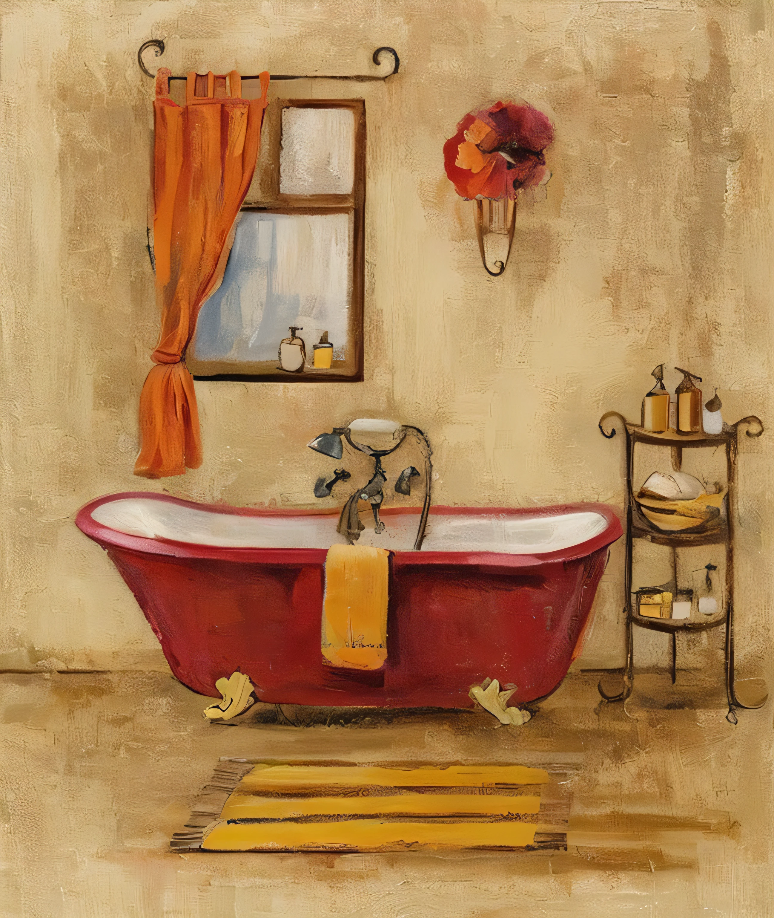 painting of a bathroom with a red bathtub and a yellow towel, in a bathroom, in bathroom, by Alice Rahon, bathtub, detailed surroundings, by Margit Anna, beauteous sumptuous, in a red dish, vibrant scene, by Anna Haifisch, by Judy Takács, red and yellow color scheme, vintage look, bath, with a mirror