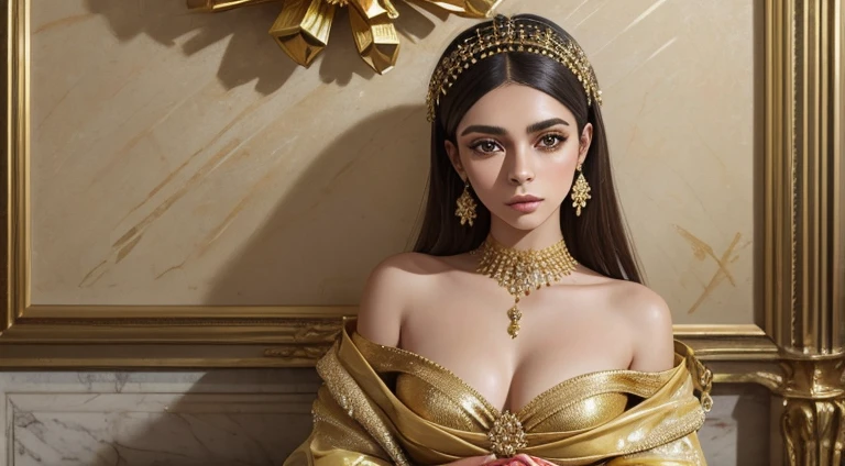 A detailed painting surrounded by a flurry of dollar bills, mulher chique, vestido dourado comprido, cara de safada. Moedas de ouro flutuando.