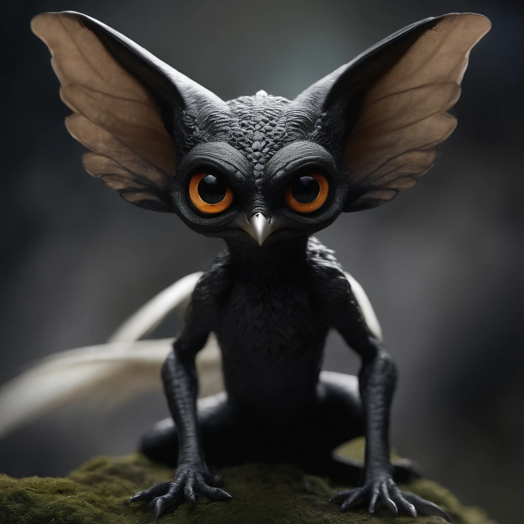 gremlin, like a swift,  Huge eyes, large ears, wings, beak, black and white wings, long tail,  Best Quality, Masterpiece, in style of dark fantasy art