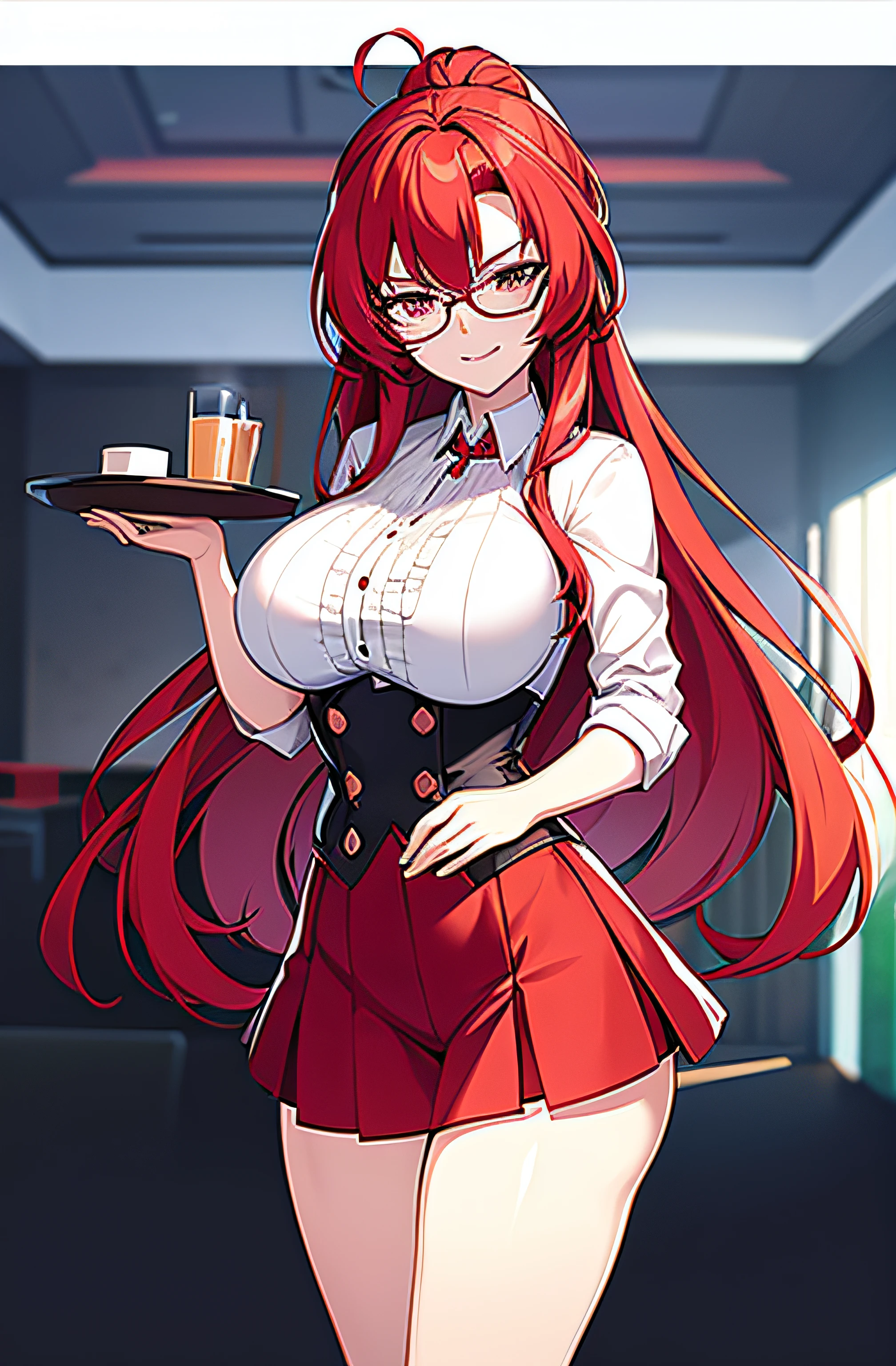 anime girl with red hair and glasses in a white shirt, seductive anime girl, rias gremory, anime moe artstyle, anime best girl, with glasses, biomechanical oppai, marin kitagawa fanart, attractive anime girl, female anime character, best anime 4k konachan wallpaper, beautiful alluring anime woman, with a large breasts