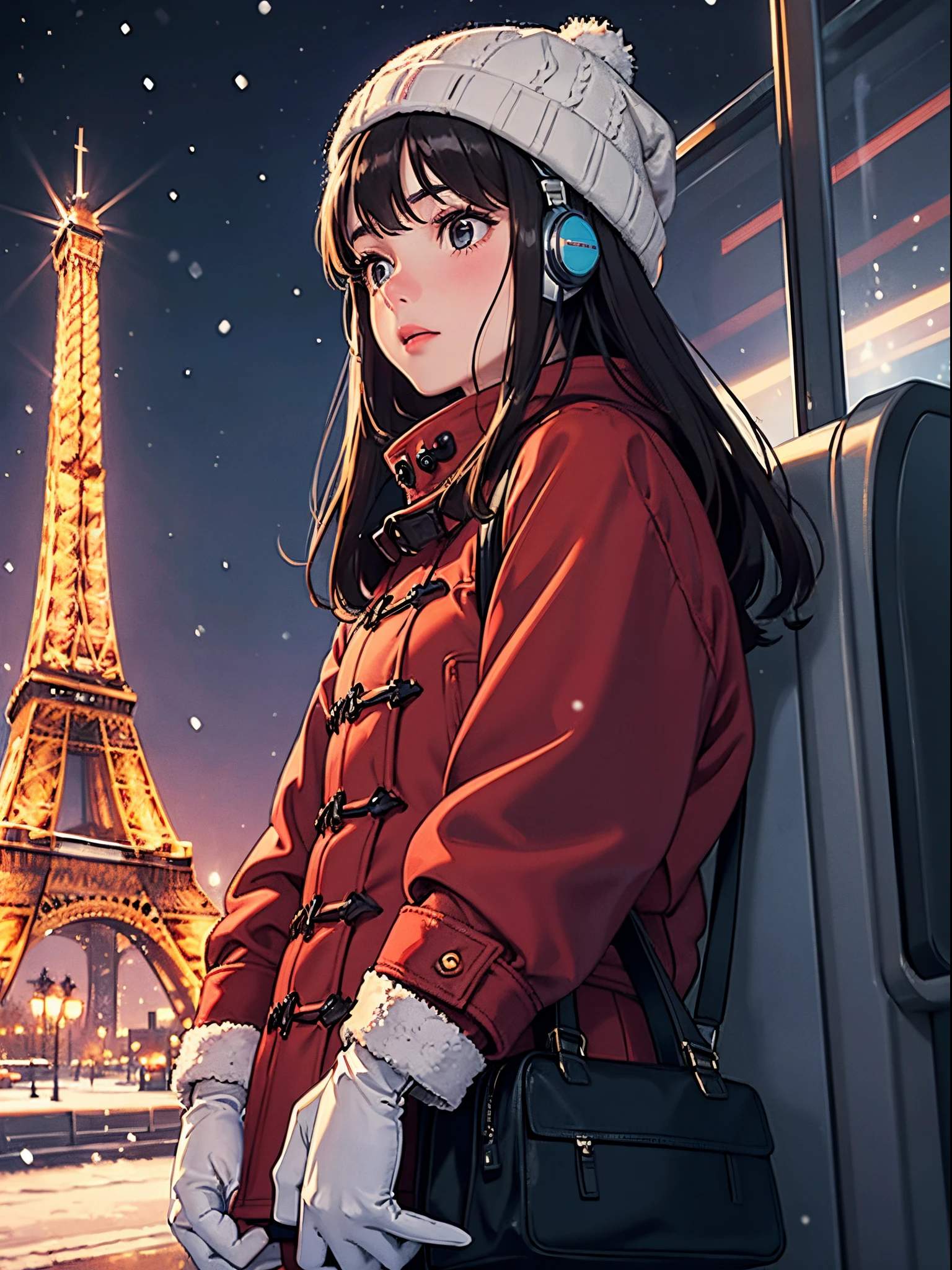 lofi chilled one brunette girl with headphones drives inside bus, thinking, looking up, head bend. finger touches thin. winter night, it's snowing a lot. beautiful landscape Paris, Eiffel tower, lights. travel. tourist warm clothes, red jacket, gloves, white winter hat. long hair. front view