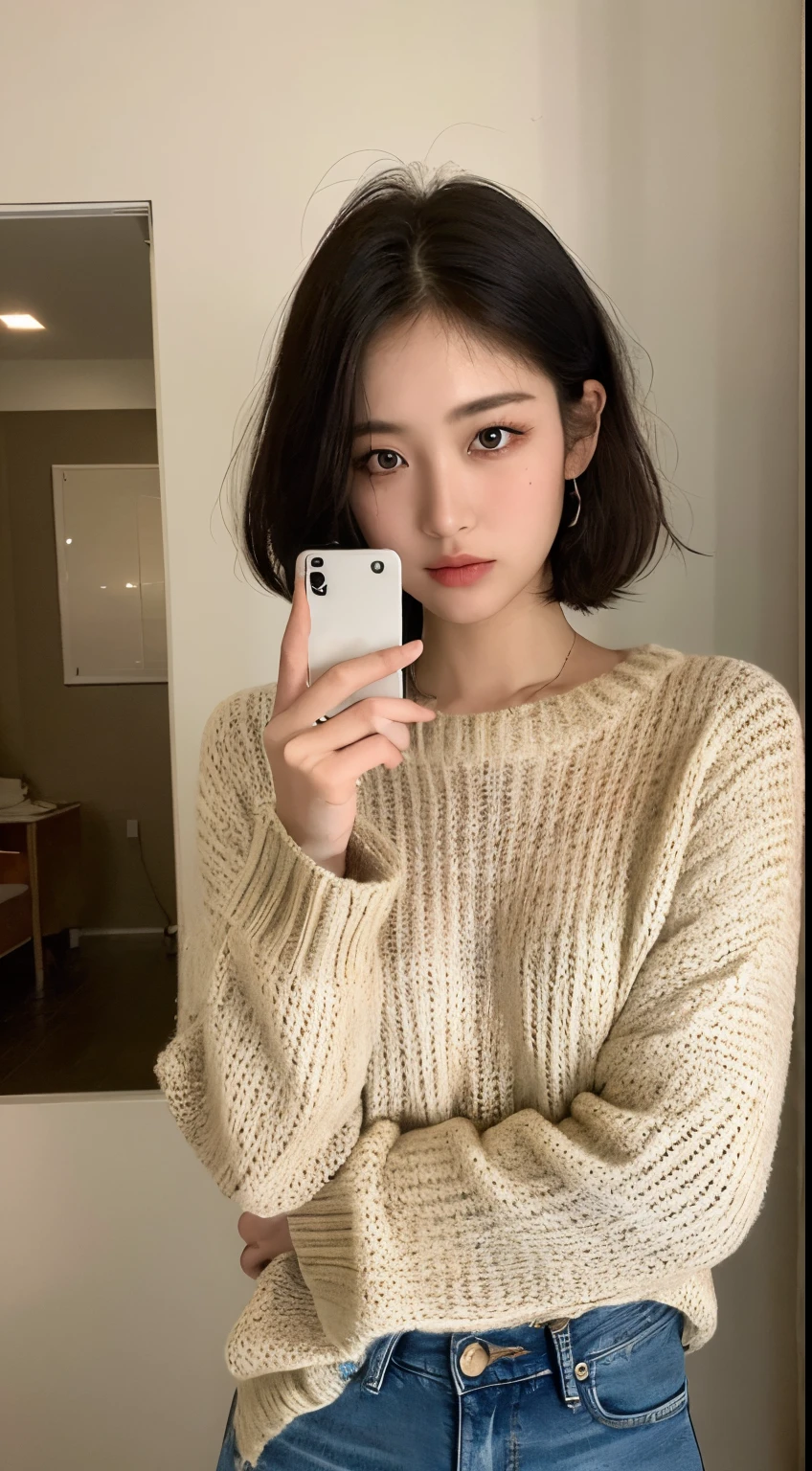 (Best quality, 8k, 32k, Masterpiece, UHD:1.3),Photo of glamorous Japanese woman, 1girl, ((oversize sweater)), (slender figure, perfect body :1.2), medium-short hair: 1.1, (fashion jeans), (indoor, studio:1.2, night time), holding a phone, ultra-detailed face, ultra-detailed fingers, detailed lips, detailed eyes, double eyelid