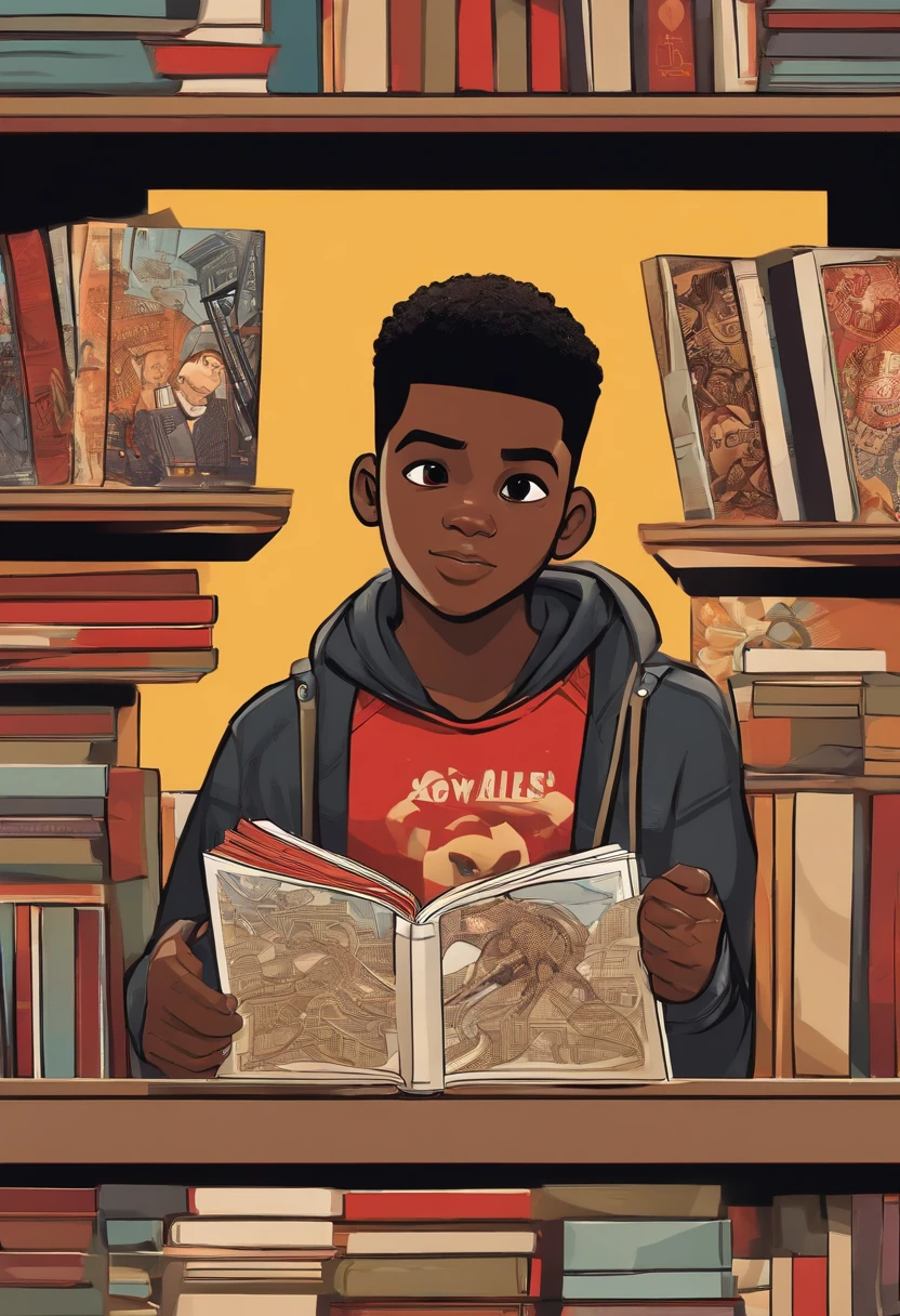 An image of Miles browsing through a collection of art books at a local bookstore.,Marvel Comics,Miles Morales, the dynamic character from the “Spider-Man” universe, is a young, black athletic teenager with a lean build, often seen in his distinctive black Spider-Man suit with red webbing and unique graffiti-style designs. He has a youthful, energetic face, often expressing a wide range of emotions from awe to determination, reflective of his age and the enormity of his responsibilities., male