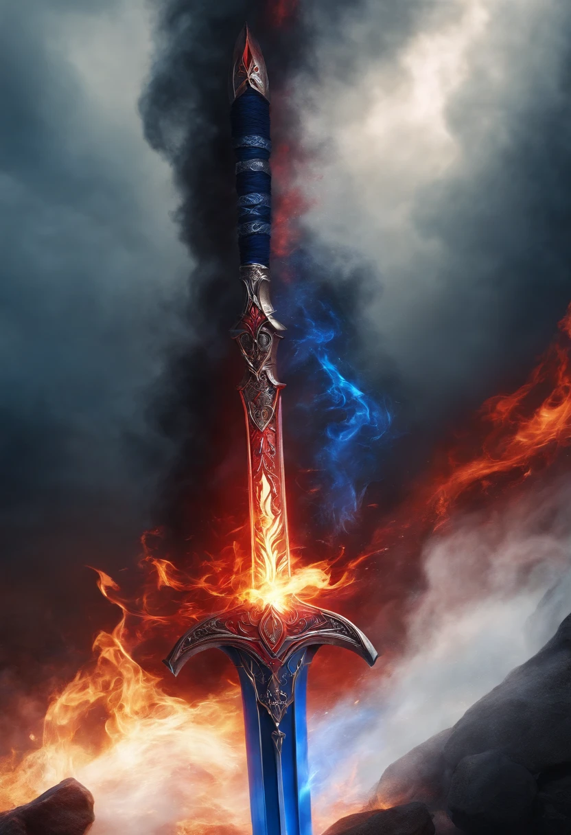 blue and red flaming sword
