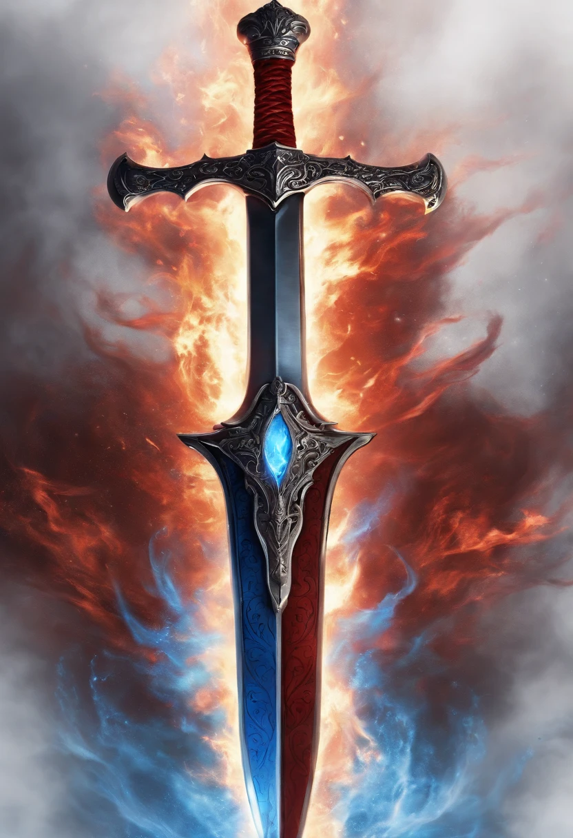 blue and red flaming sword