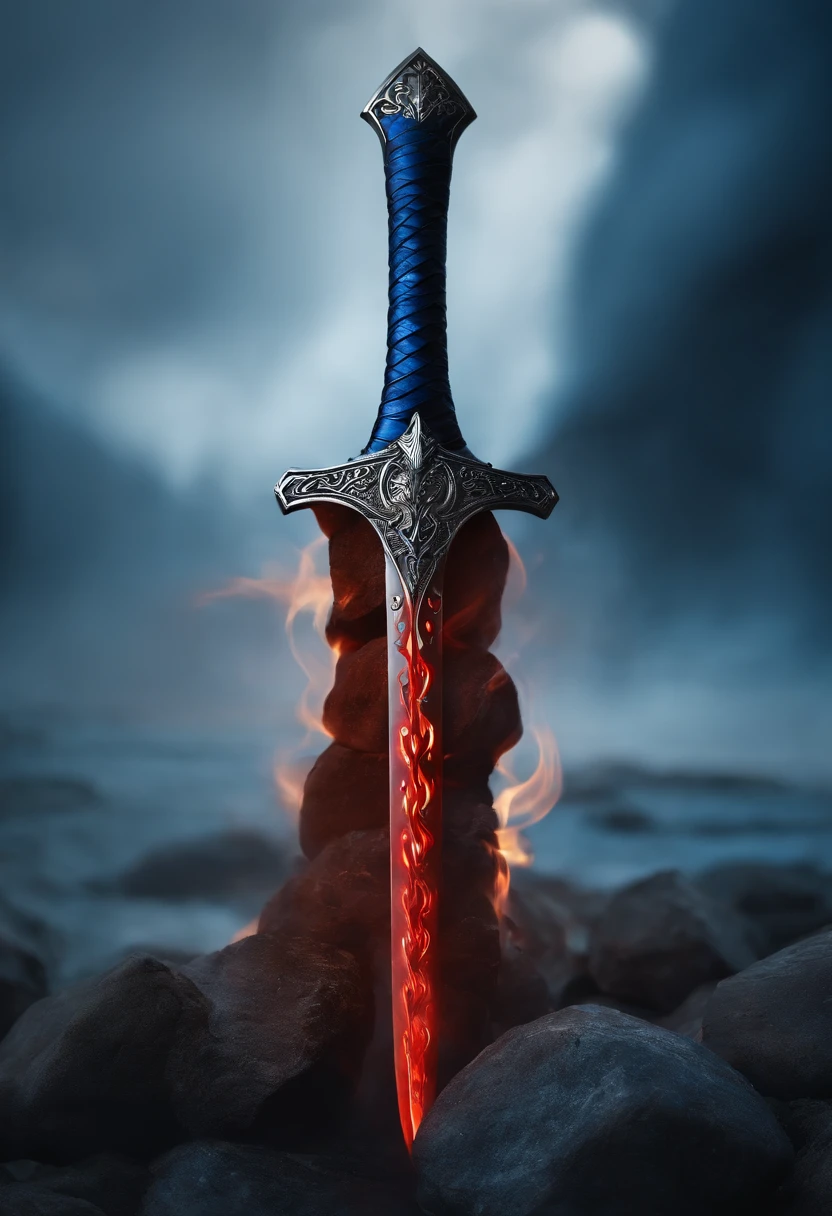 blue and red flaming sword