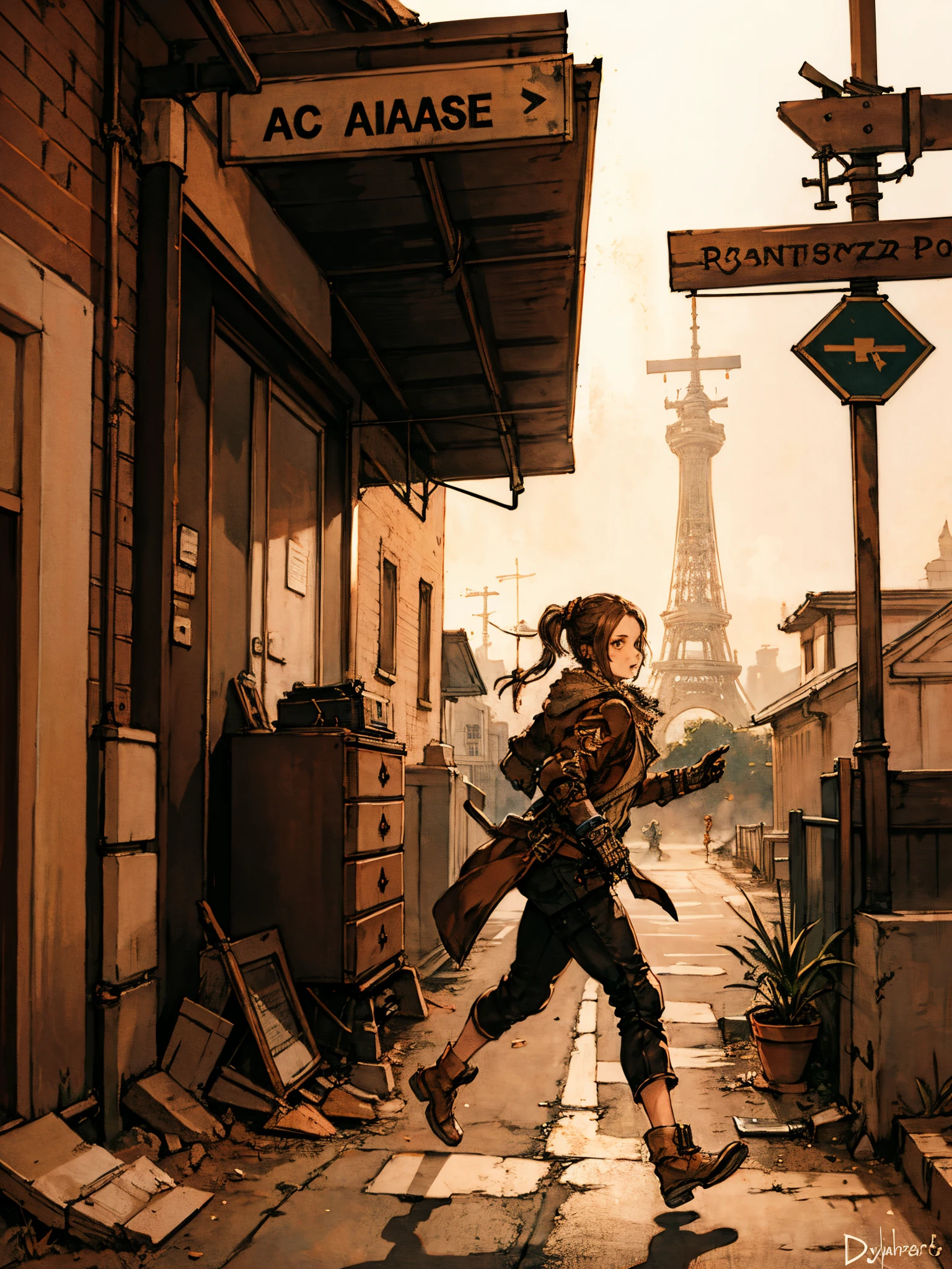 Homeless girl running from dictator in a fantasy steampunk background