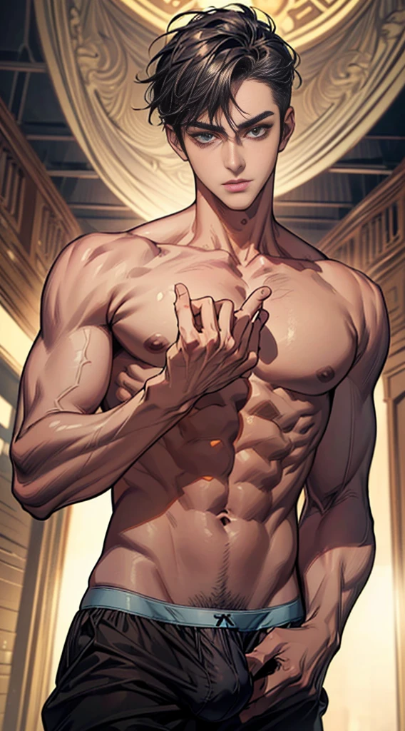(masterpiece best quality 8k ultra-detailed:1.5) ultra realistic, solo standing male, muscular handsome (((perfect face,perfect eyes))) ((topless)) (undercut), anime style, illustration, (((underwear, big bulge))), realistic shade, sharp, detailed beautiful face and eyes, perfect beautiful body, perfect hands, (dynamic pose), shiny skin