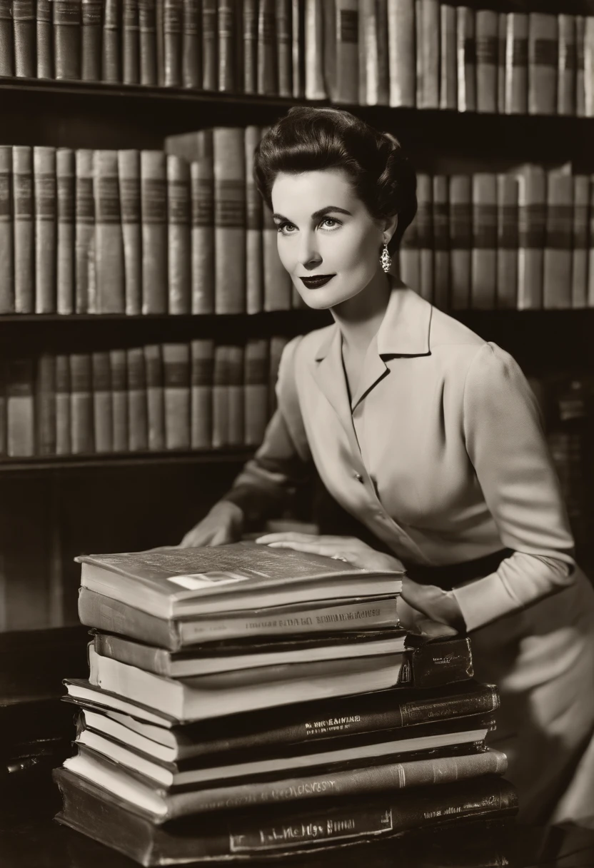 A candid shot of Vivian skillfully arranging a display of science fiction novels, with a mischievous glint in her eye and a sly smile on her lips.,original,Vivian Hawthorne, the master librarian at the New York City Public Library, is a picture of elegance and intelligence. In her mid-fifties, she has sharp, observant eyes that miss nothing, framed by silver-streaked hair often pulled back in a sleek bun. Her attire is always classic and impeccable, befitting the grandeur of the library’s halls which she navigates with a poised grace., female