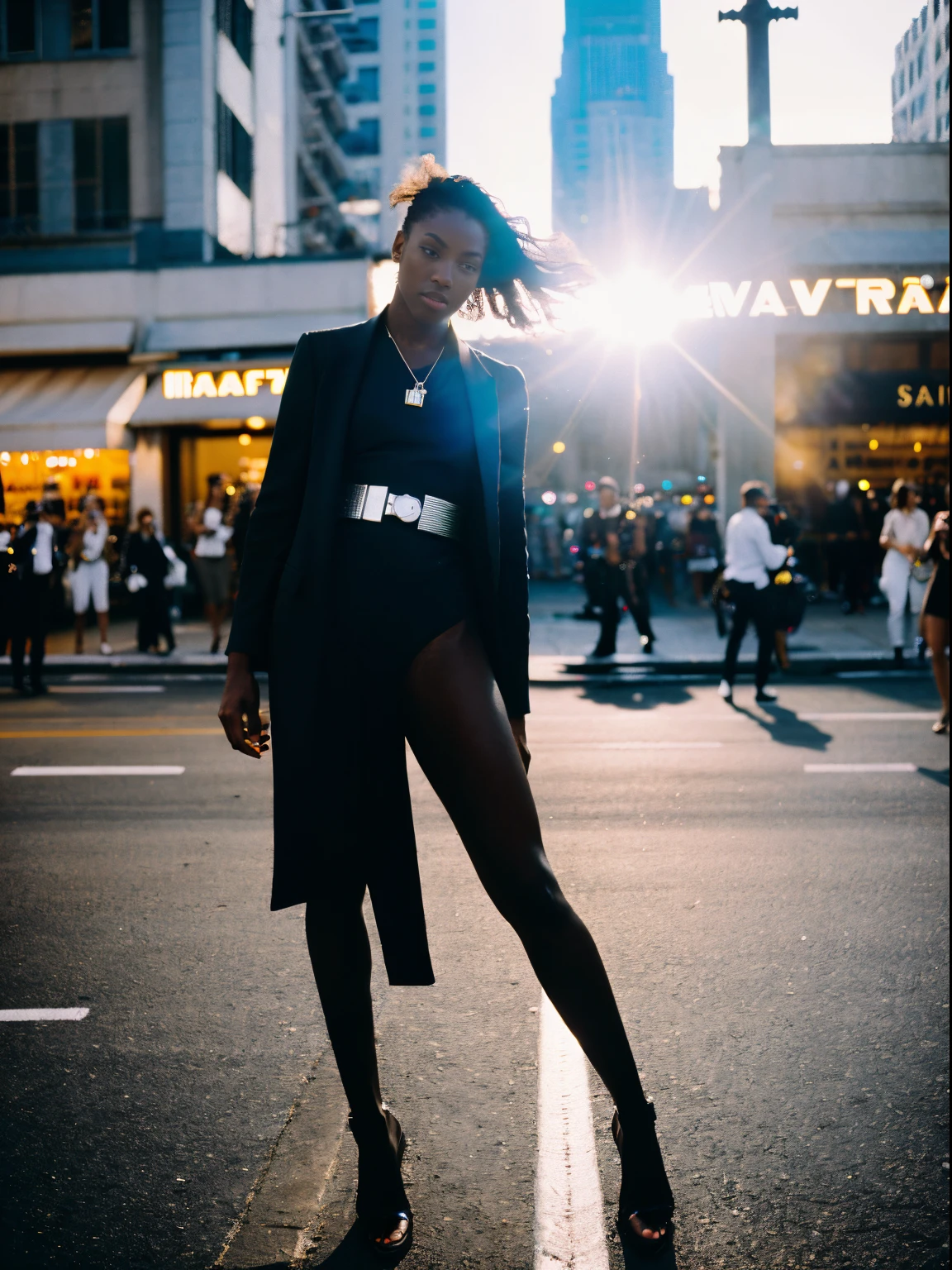 Black fashion model through motion, Woman wearing Saint Lauren, busy street, (Fashion model), Paparazzi, (full body: 1.3), (luxury advertising photography: 1.2), Flashlight, Shutter drag, Lens flare, (Graflex speed graphic: 1.4), Brushwork exploration, Shot on Kodak Ektachrome