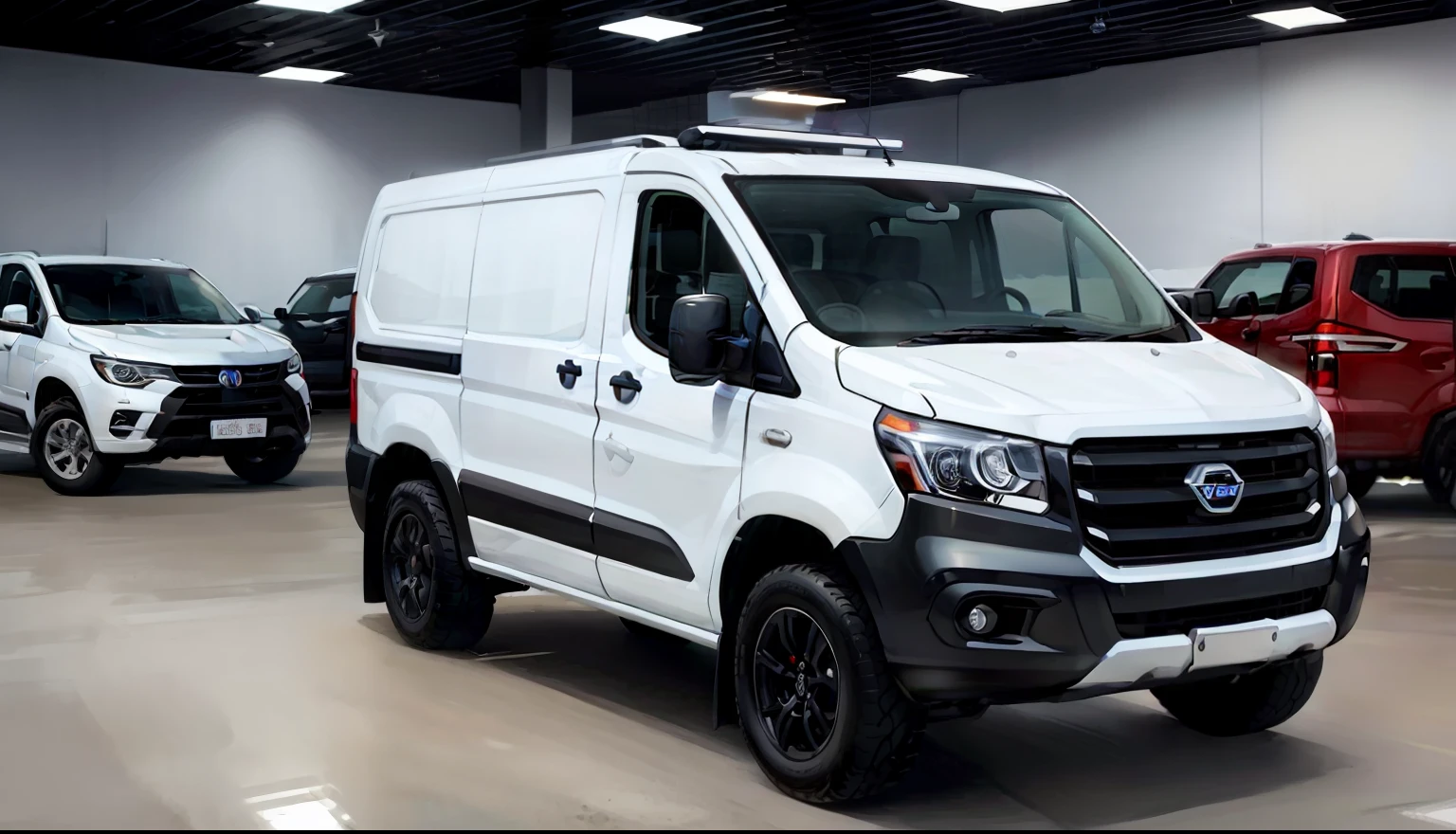 arafed white van parked in a showroom with other vehicles, new vehicle, crisp smooth clean lines, three - quarter view, full - body, full-body, crisp smooth lines, intense look, vehicle profile, van, vanta black, 3/4 front view, crisp clean shapes, full-body view, fine art piece, portrait shot, wide image