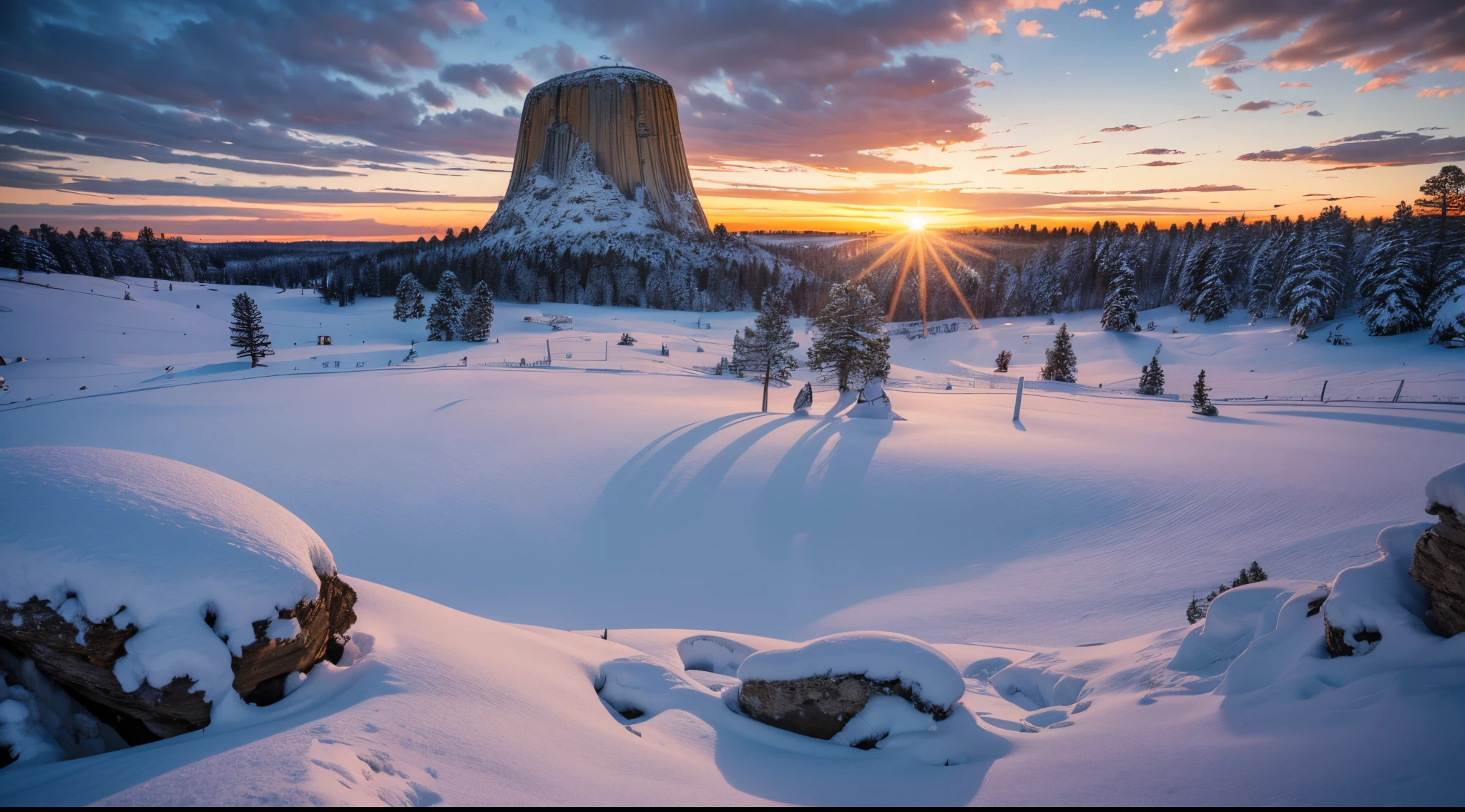 Winter Landscape of devil’s tower Wyoming in sunset, UHD, retina, masterpiece, accurate, super detail, high details, high quality, award winning, best quality, highres, 16k, 8k,