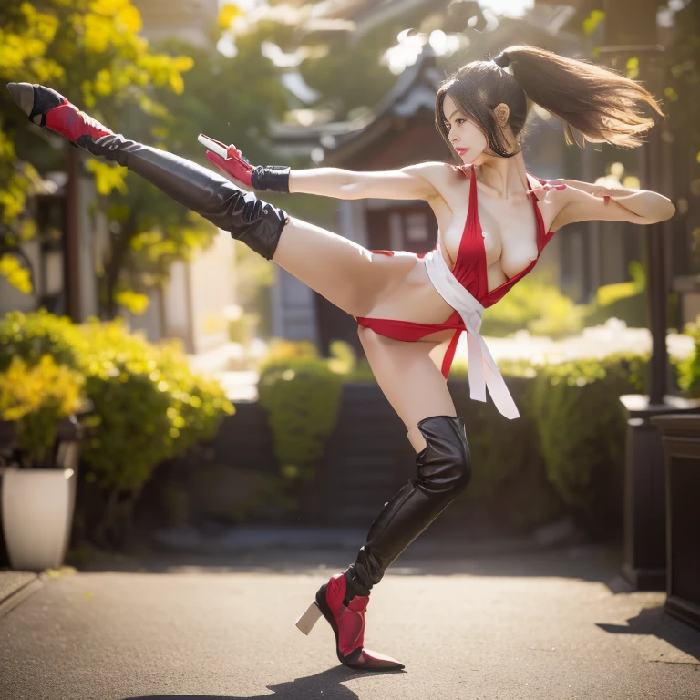 mai shiranui, (Full body portrait:1.4), Full body, (tabi:1.4), (Realism), (masutepiece:1.2), (Best Quality), (ultra-detailliert), (8K, 4K, Convoluted), (skinny), Prestige, Brown eyes, Long hair, Brown hair, White ribbon, Sleeveless, poneyTail, sash, pelvis curtain, arm guards, mitts, fascinated expression, Sexy eyes, medium breasts, Smile, Cute, view the viewer, Long hair, Close to Japan temple, (breasts focus:1.2), (Realistic:1.2), (Full Shot: 1.2), (85 mm), light Particle, Lighting, (Highly detailed:1.2), (Detailed face:1.2), (gradients), SFV, Colorful, (Detailed eyes:1.2), (Detailed temples of Japan: 1.2),(Detailed background), (Dynamic Angle:1.2), (Dynamic Pose:1.2), (Line of action:1.2), Wide Shot, Daylight, Solo.