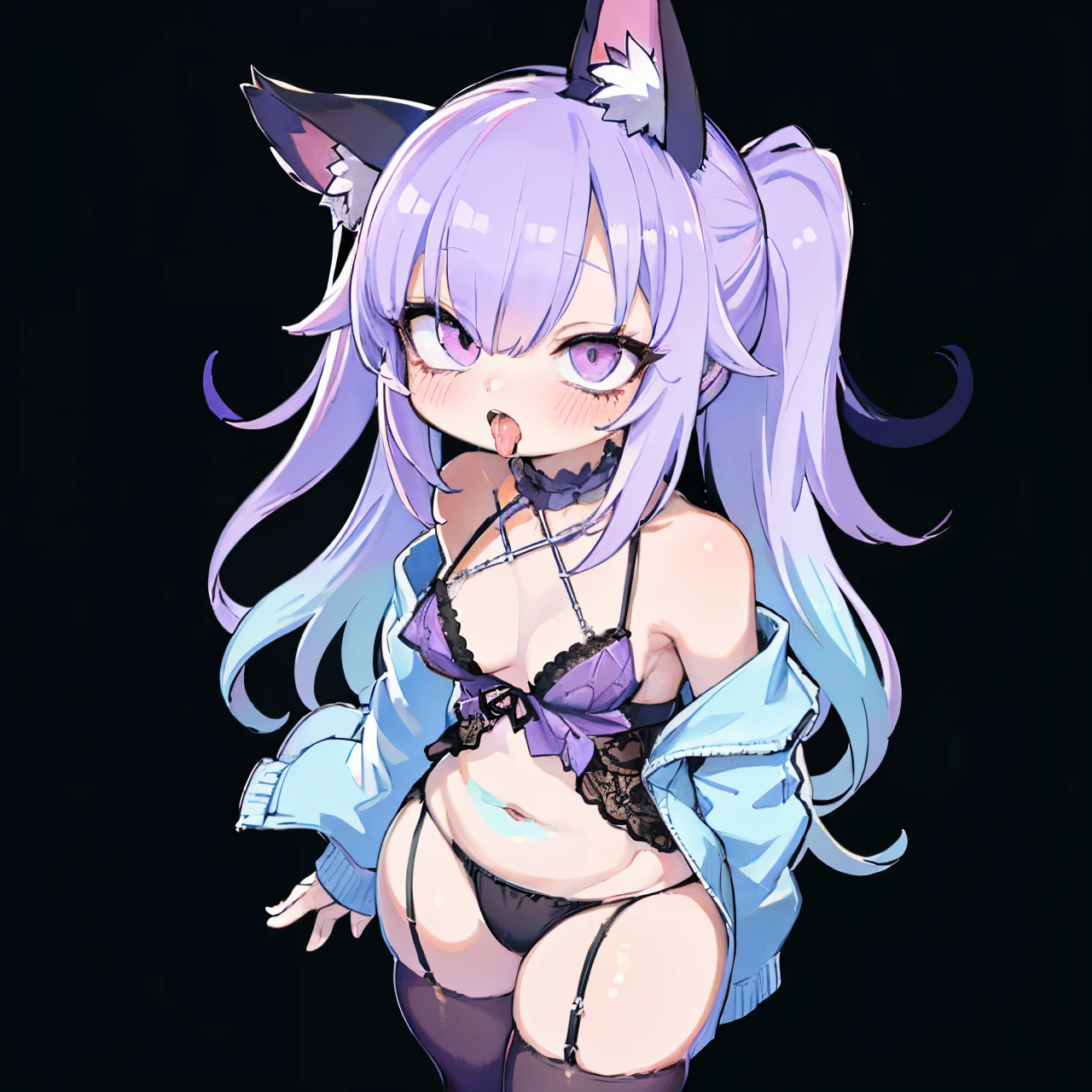 (Ahegao) CYAN hair Girl,Wear black lingerie,bright purple lips,Detailed eyes and face,Long loose CYAN hair,standing in a dark room,Soft lighting,vivid colors,Artistic portrait,High resolution. (SNFW)