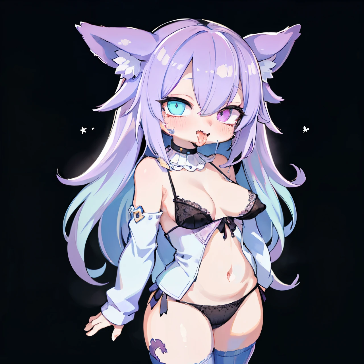 (Ahegao) CYAN hair Girl,Wear black lingerie,bright purple lips,Detailed eyes and face,Long loose CYAN hair,standing in a dark room,Soft lighting,vivid colors,Artistic portrait,High resolution. (SNFW)