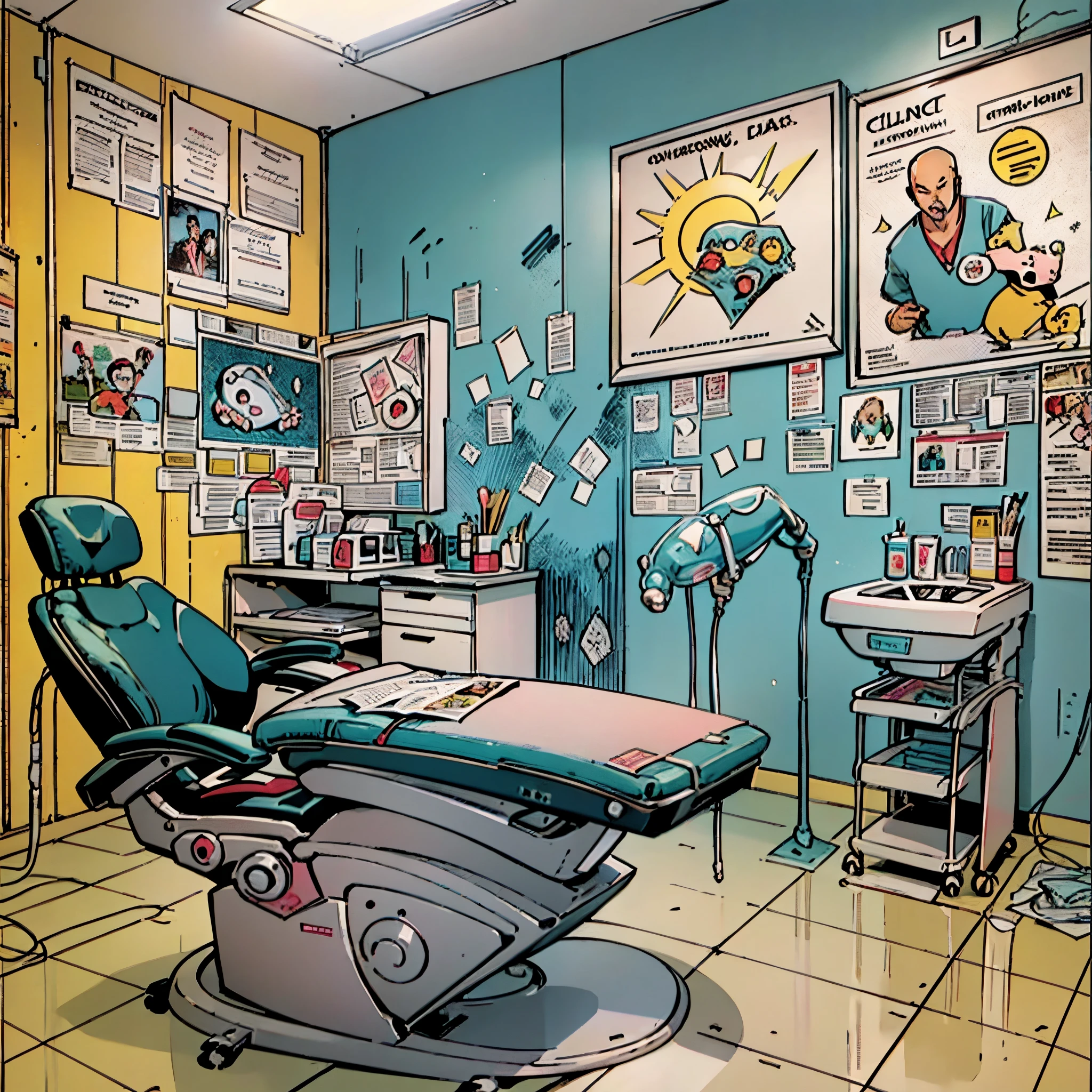 A dentist standing in a bright and tidy dental clinic, with educational posters on oral health hanging on the wall behind him. The room is filled with a fresh smell of disinfection, and soft sunlight shines through the window onto the tidy floor. On the table is a professional dental chair, accompanied by a set of sparkling children's teeth models. --auto --s2