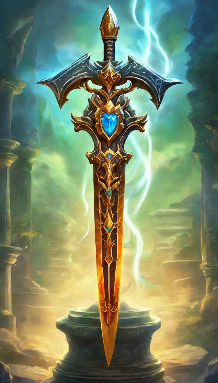 (Best quality at best,4K,8K,A high resolution,tmasterpiece:1.2),ultra - detailed,actual,Master Sword, Independent, Legendary weapon,Precise workmanship,Detailed hilt,razor-sharp blades,Appropriate proportion,Beautifully textured,mythical sword,Iconic symbols,hero's weapon,Forged by the gods,sword of destiny,Enchanted Blade,glowing blue halo,legendary battle,ultimate power weapon,Destined to defeat evil,Classic Video Game Weapons,superb design,intricate engraving,powerful artifact,Impeccable quality craftsmanship,Eye-catching and elegant,The heart of the artwork,sparkling with divine energy,Sharp enough to cut through anything,Radiation intensity and power,Fit for a true hero,A tribute to the art of gaming,The hero's signature weapon,original metalwork,exquisite attention to detail,The handle is inlaid with colorful gems,legendary legacy,indestructible:Focus on the reflections and highlights of the blade,Create an atmosphere of reverence and awe,Showcasing the iconic sword in dynamic poses and perspectives,Revealing the mythical nature and power of the Master Sword.
