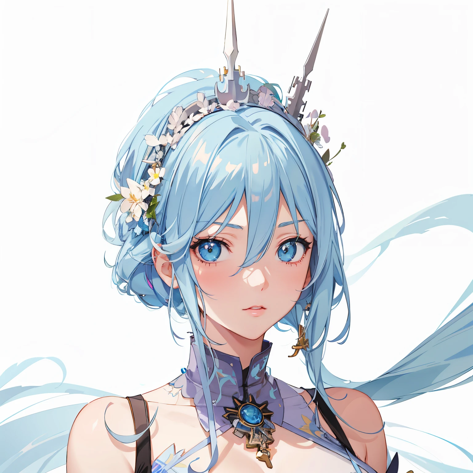 (masterpiece, best quality), 1 mature female, (light blue hair, long hair), sharp green eyes, long eyelashes, closed mouth, smile, large breast, cleavage, seductive smile, arms down, hand down, ((40 year old face)),((white background))