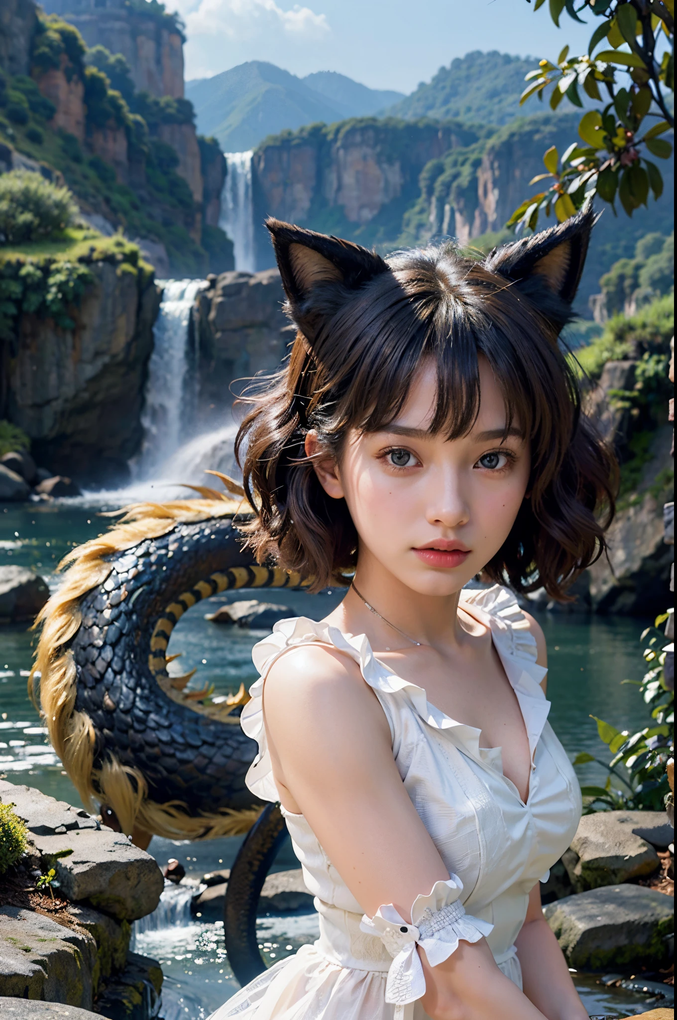 Britt Baker&#39;s beautiful cat-eared female hair upswept nightclub portrait photo fighting a dragon at a mysterious waterfall (masutepiece) (Best Quality) (Detailed) (8K) (nffsw) (Wallpaper) (Cinematic lighting) (Sharp Focus) (Convoluted)